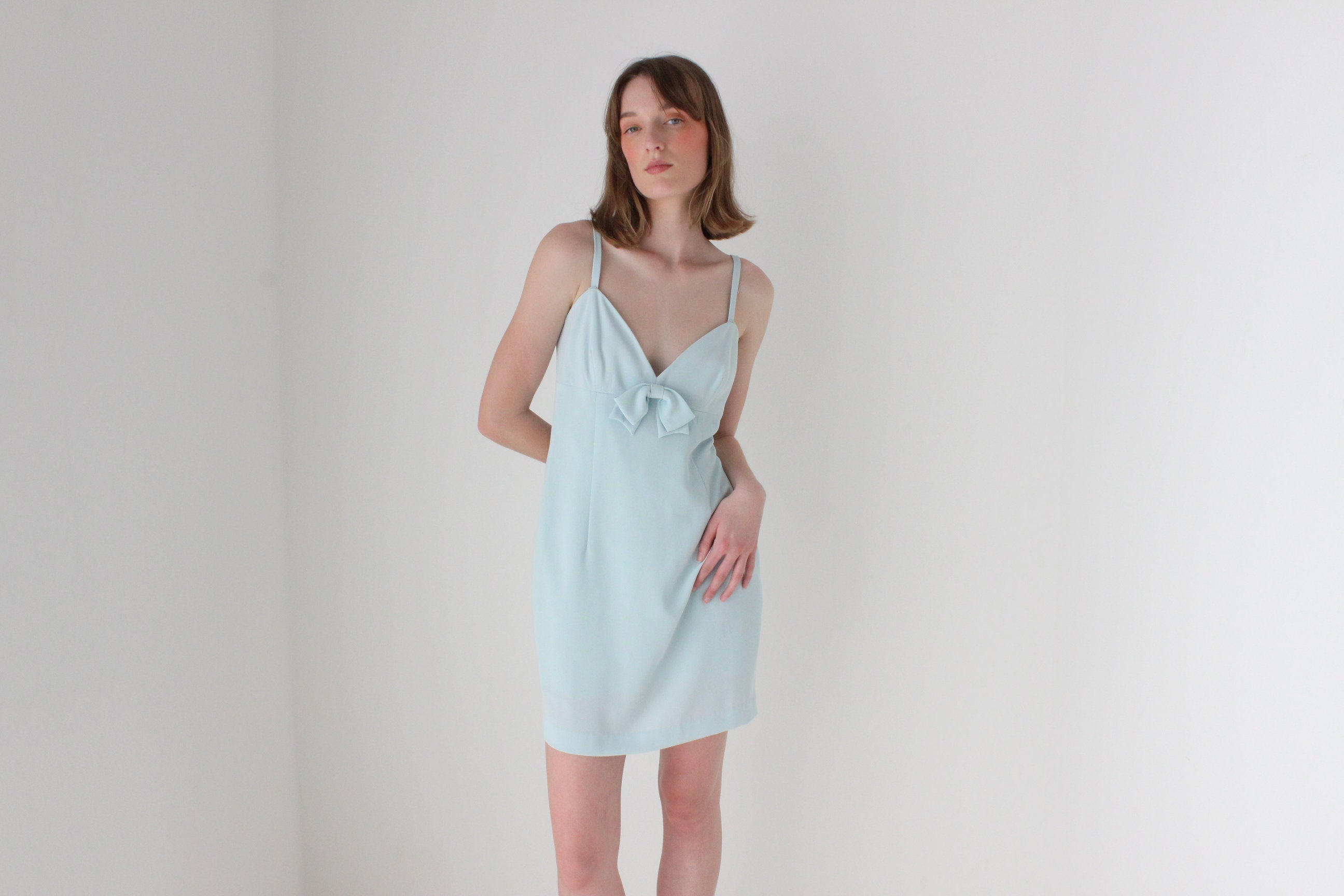 90s Pastel Fitted Crepe Mini Dress w/ Bow