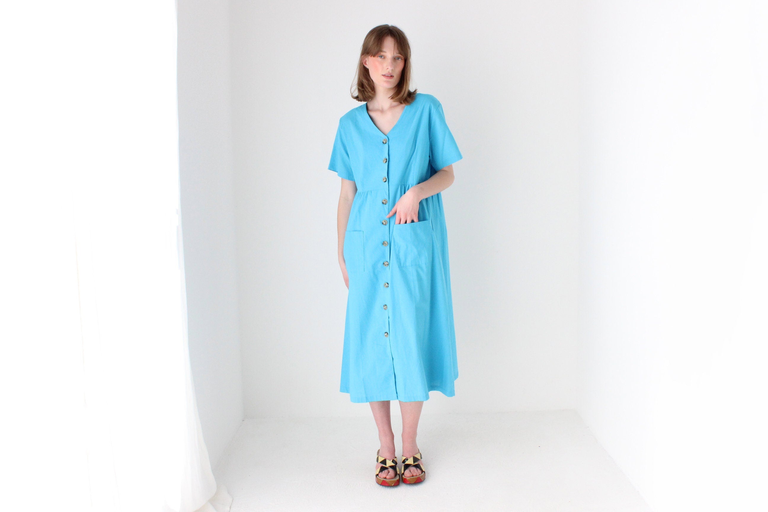 90s Azure Cotton Relaxed Picnic Smock