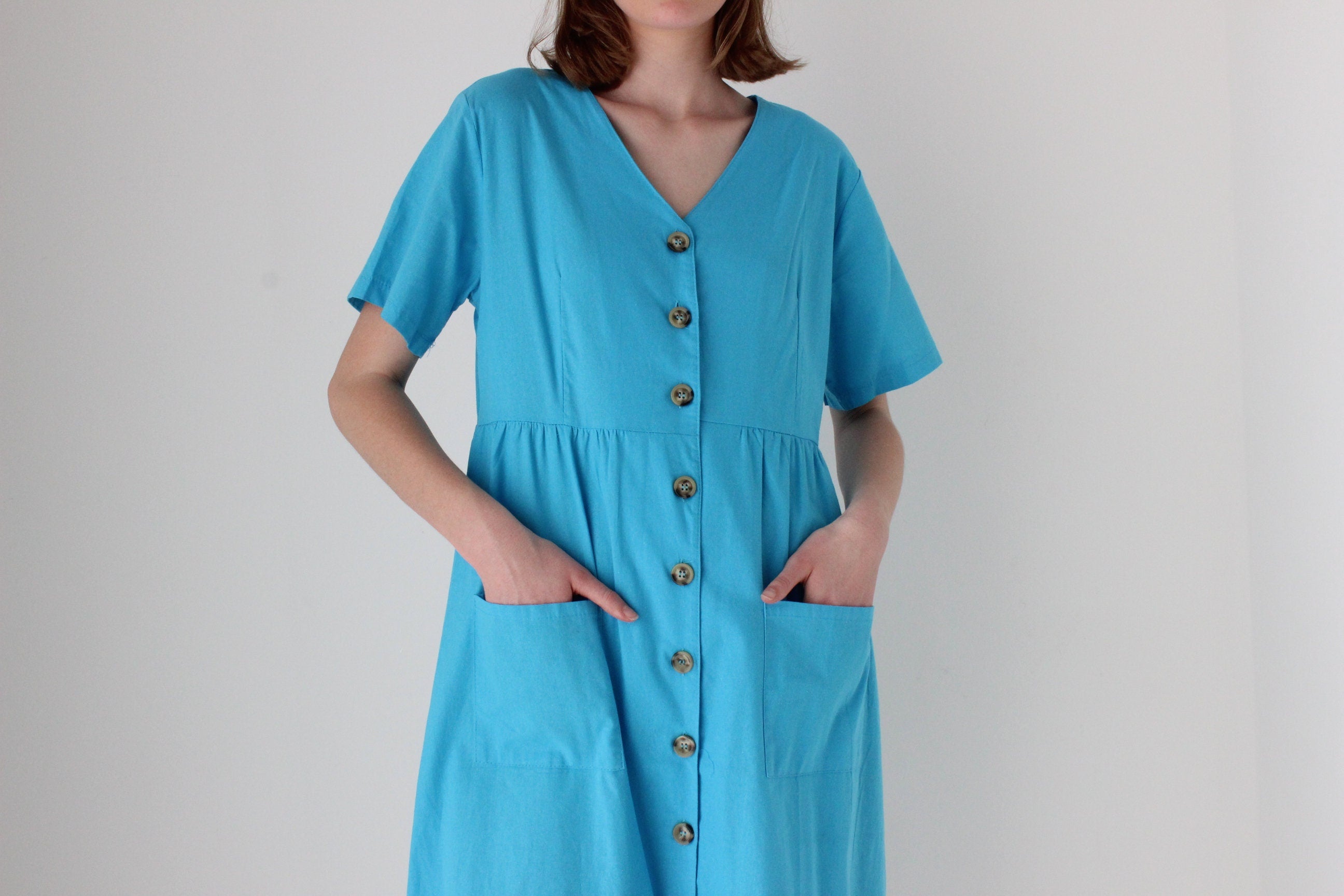 90s Azure Cotton Relaxed Picnic Smock