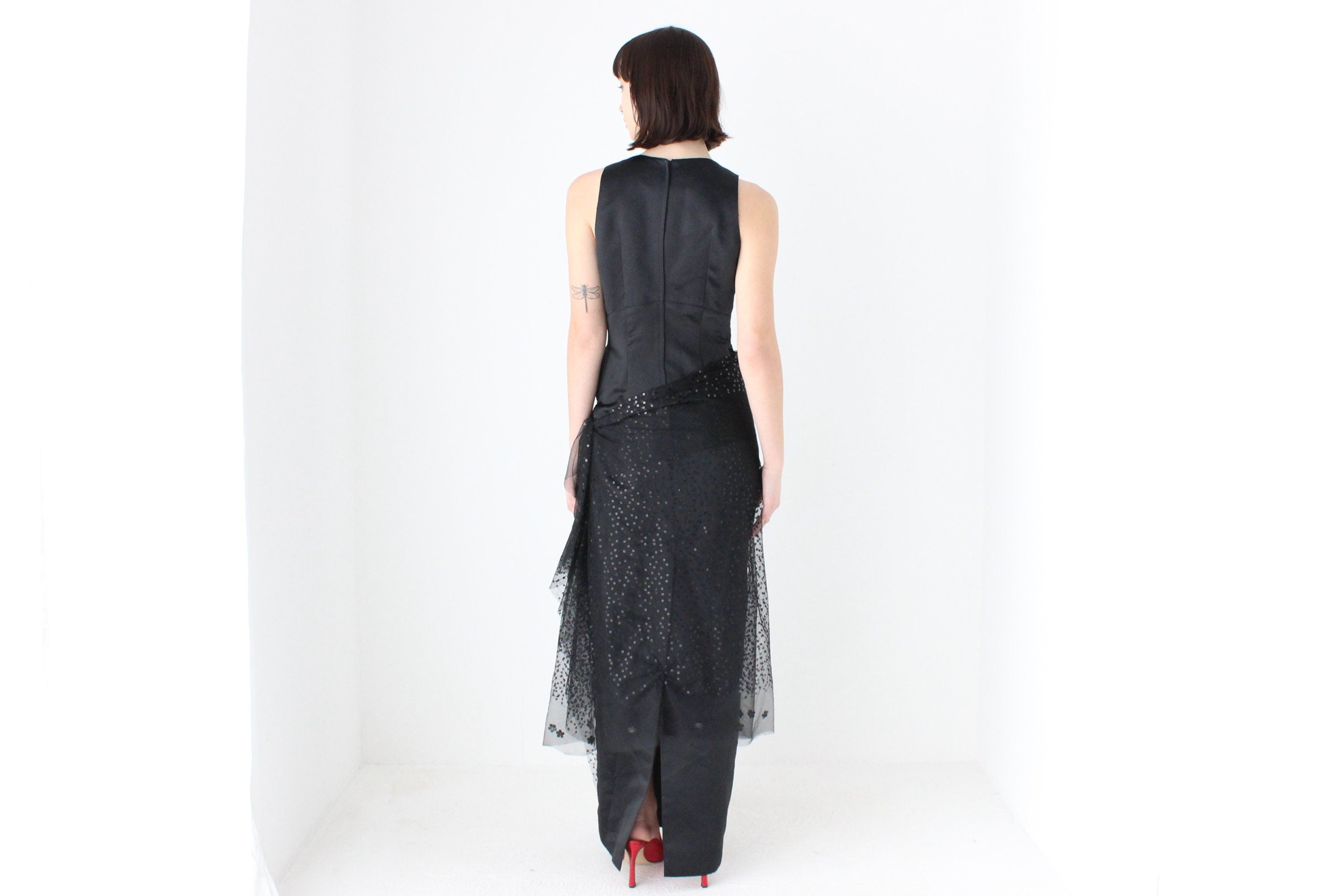 Heavenly 90s Matthew Eager Duchess Satin Cocktail Gown w/ Mesh Sequin Skirt