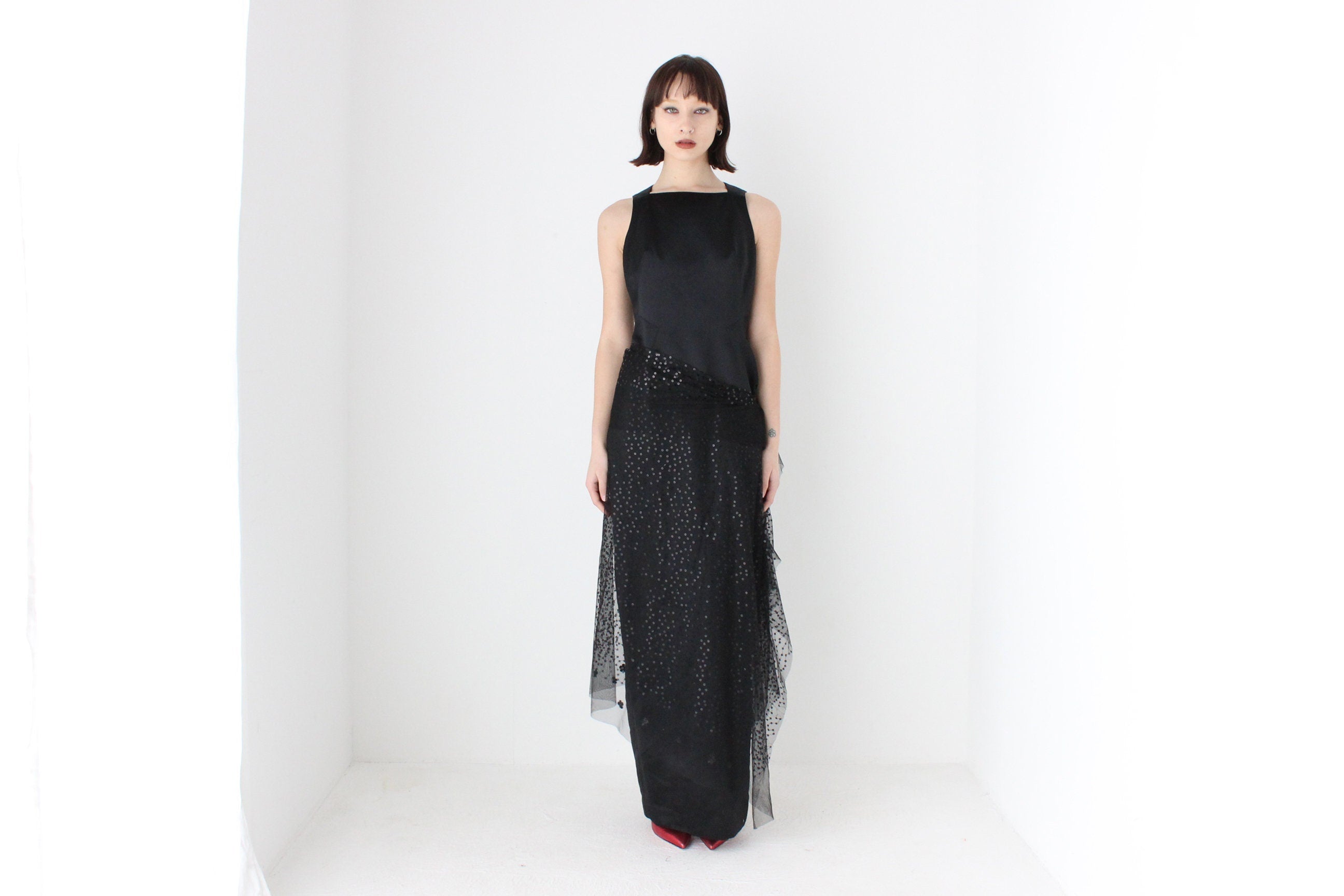 Heavenly 90s Matthew Eager Duchess Satin Cocktail Gown w/ Mesh Sequin Skirt