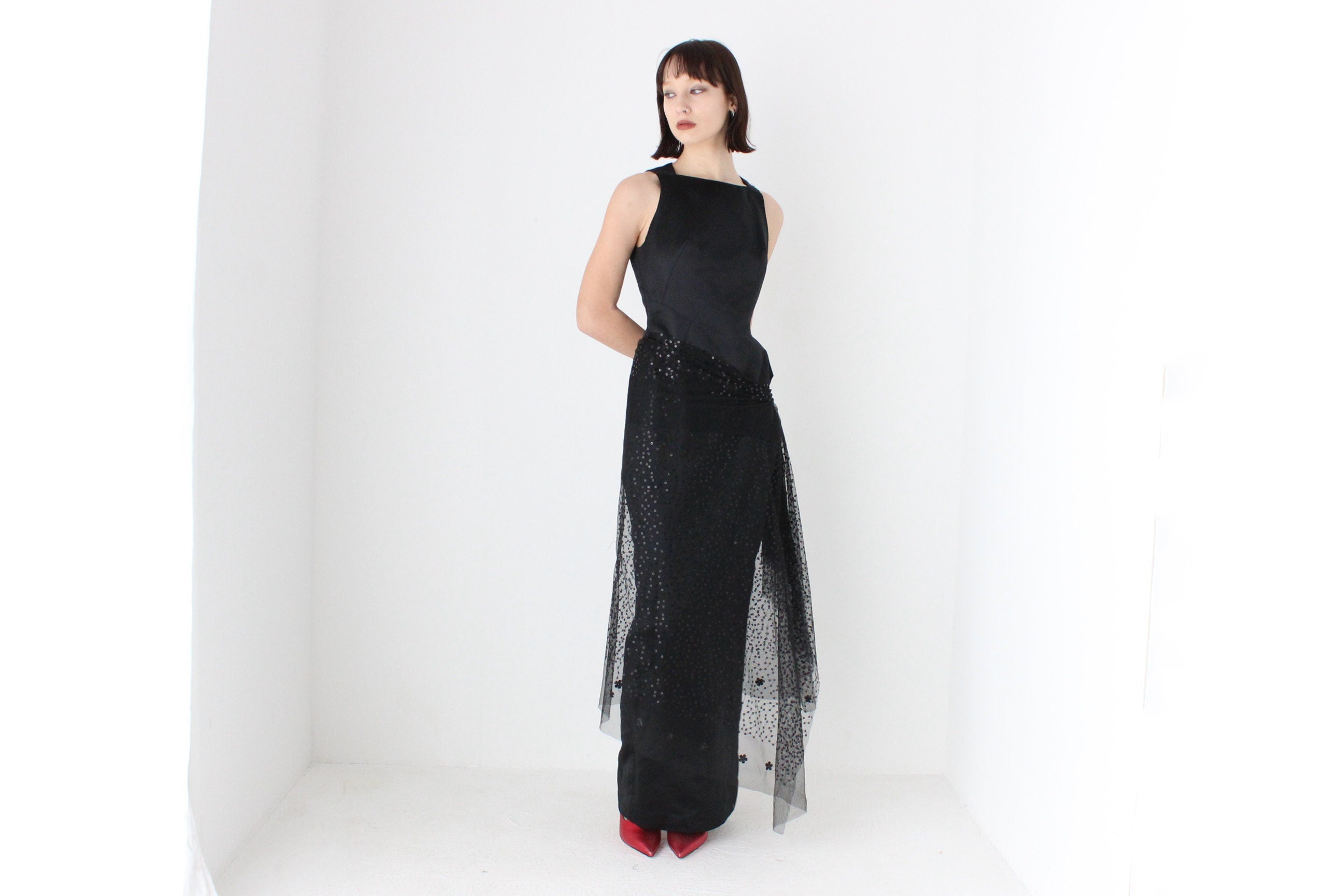 Heavenly 90s Matthew Eager Duchess Satin Cocktail Gown w/ Mesh Sequin Skirt