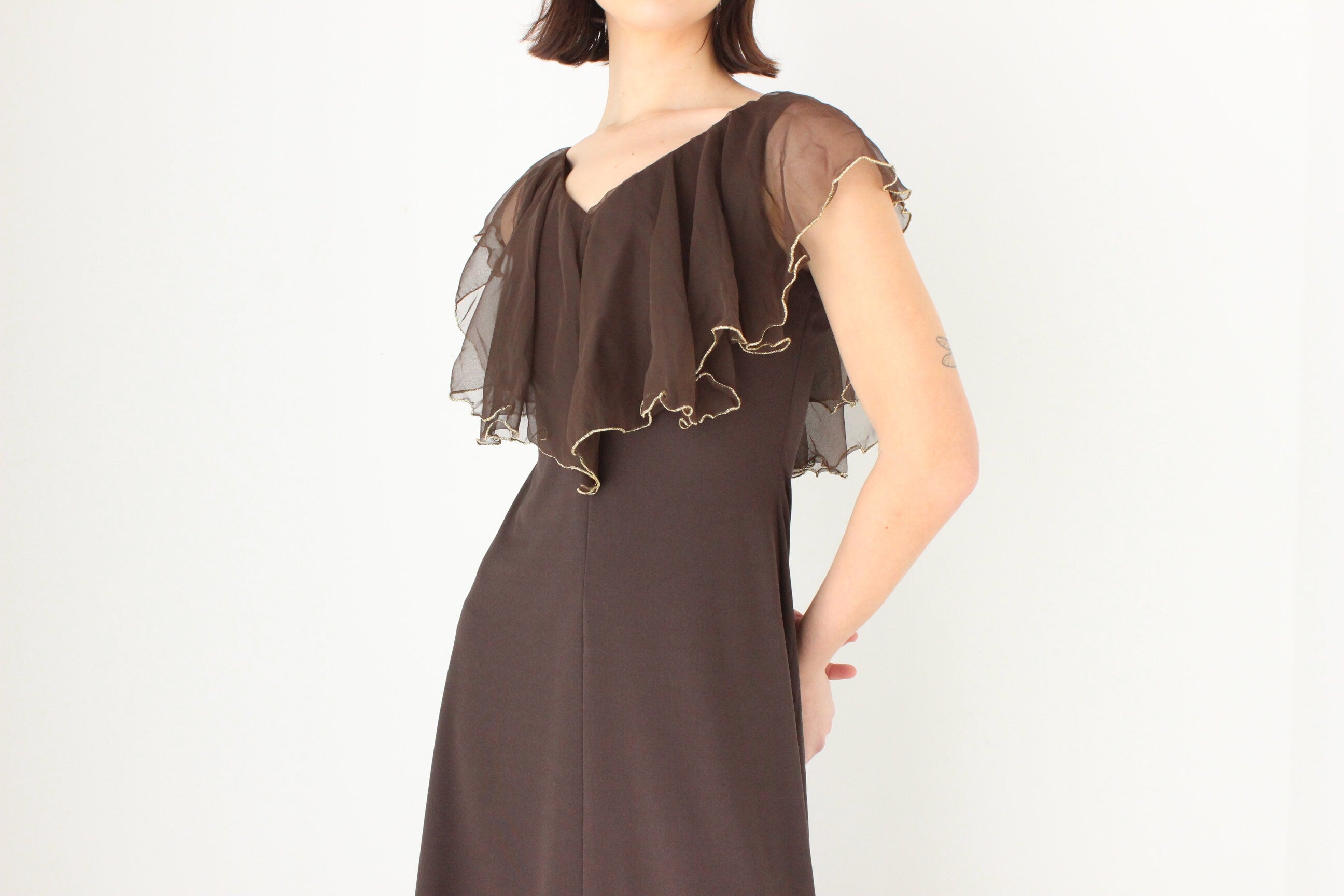Gorgeous 1970s Chocolate Brown Jersey Gown w/ Ruffle Cape Collar