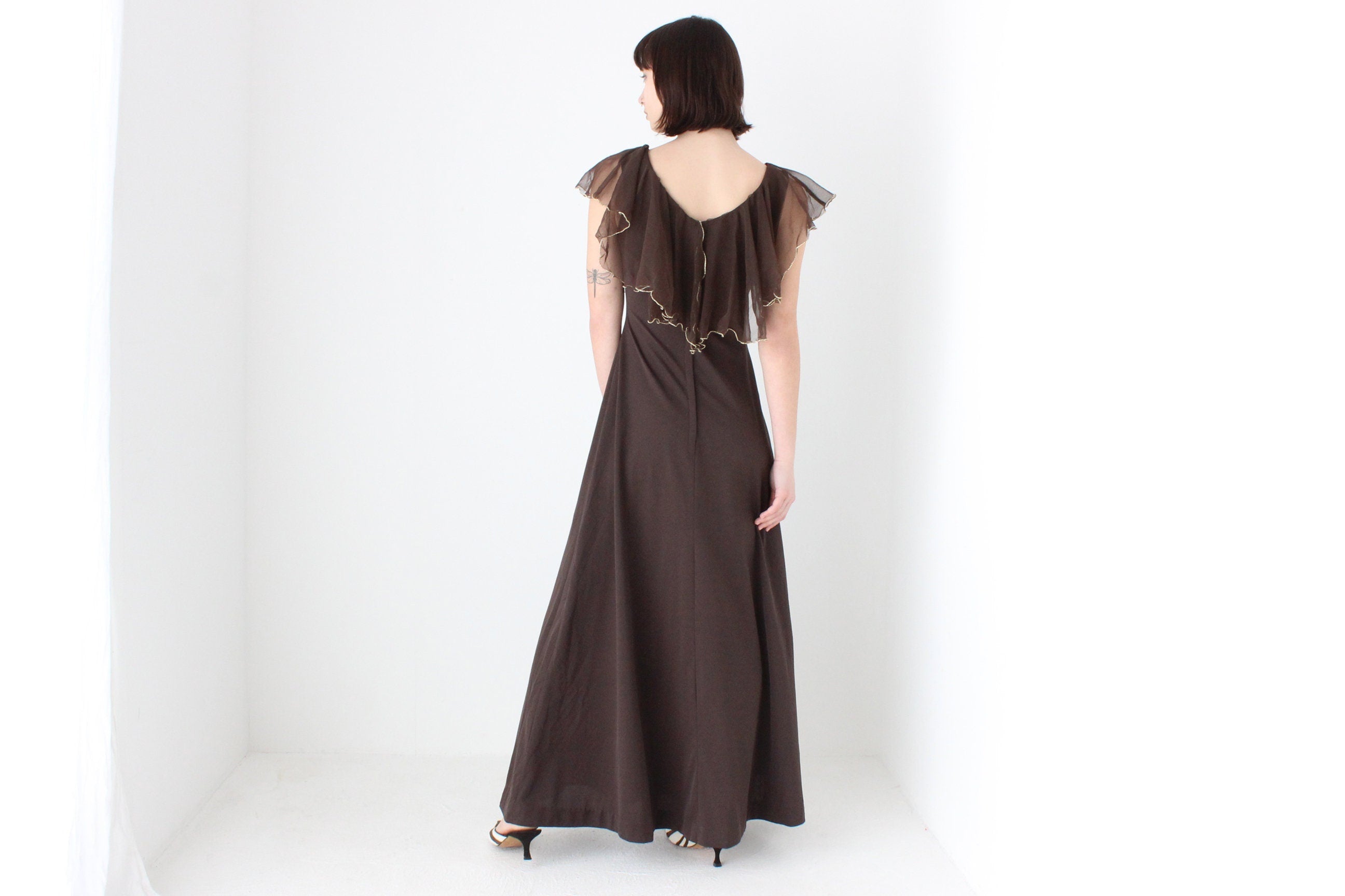 Gorgeous 1970s Chocolate Brown Jersey Gown w/ Ruffle Cape Collar