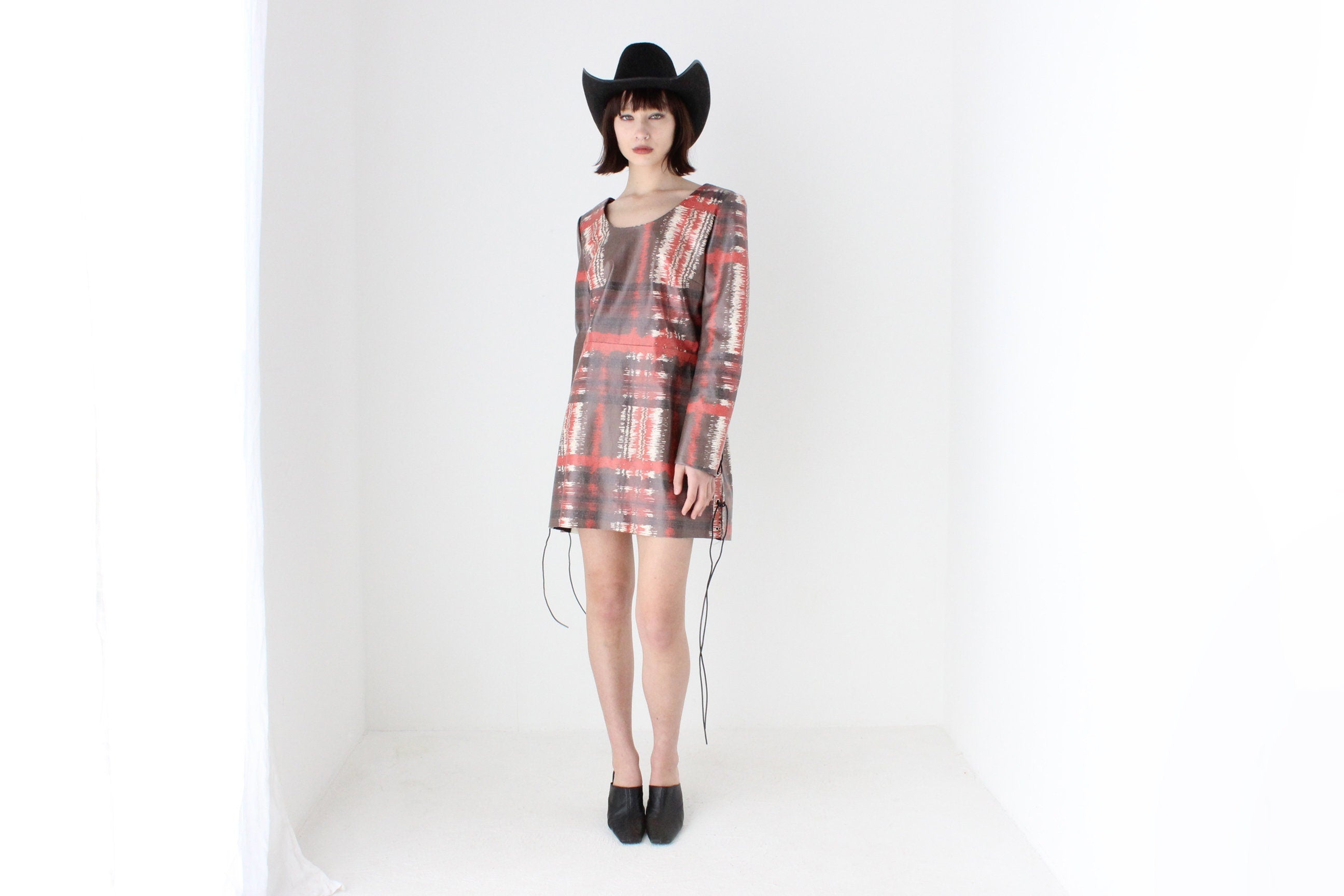 2000s Hilary Macmillan Vinyl Tartan Print Lace Side Dress
