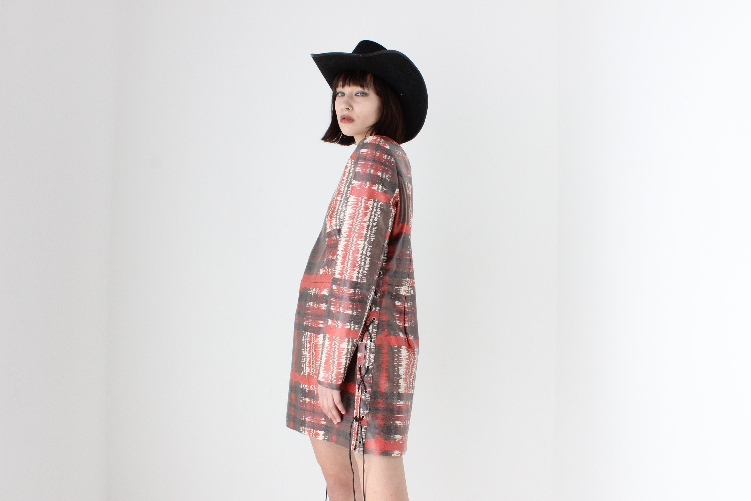 2000s Hilary Macmillan Vinyl Tartan Print Lace Side Dress