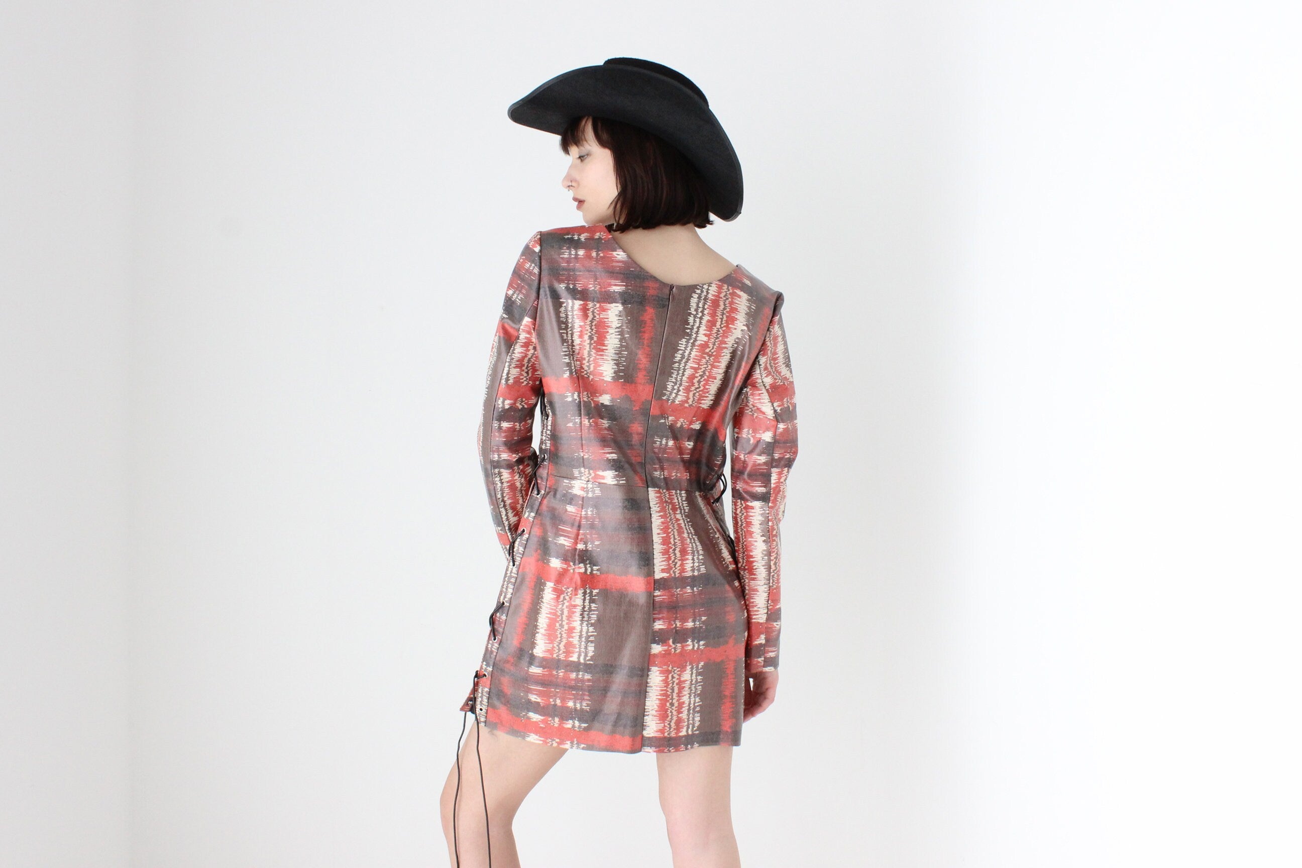 2000s Hilary Macmillan Vinyl Tartan Print Lace Side Dress
