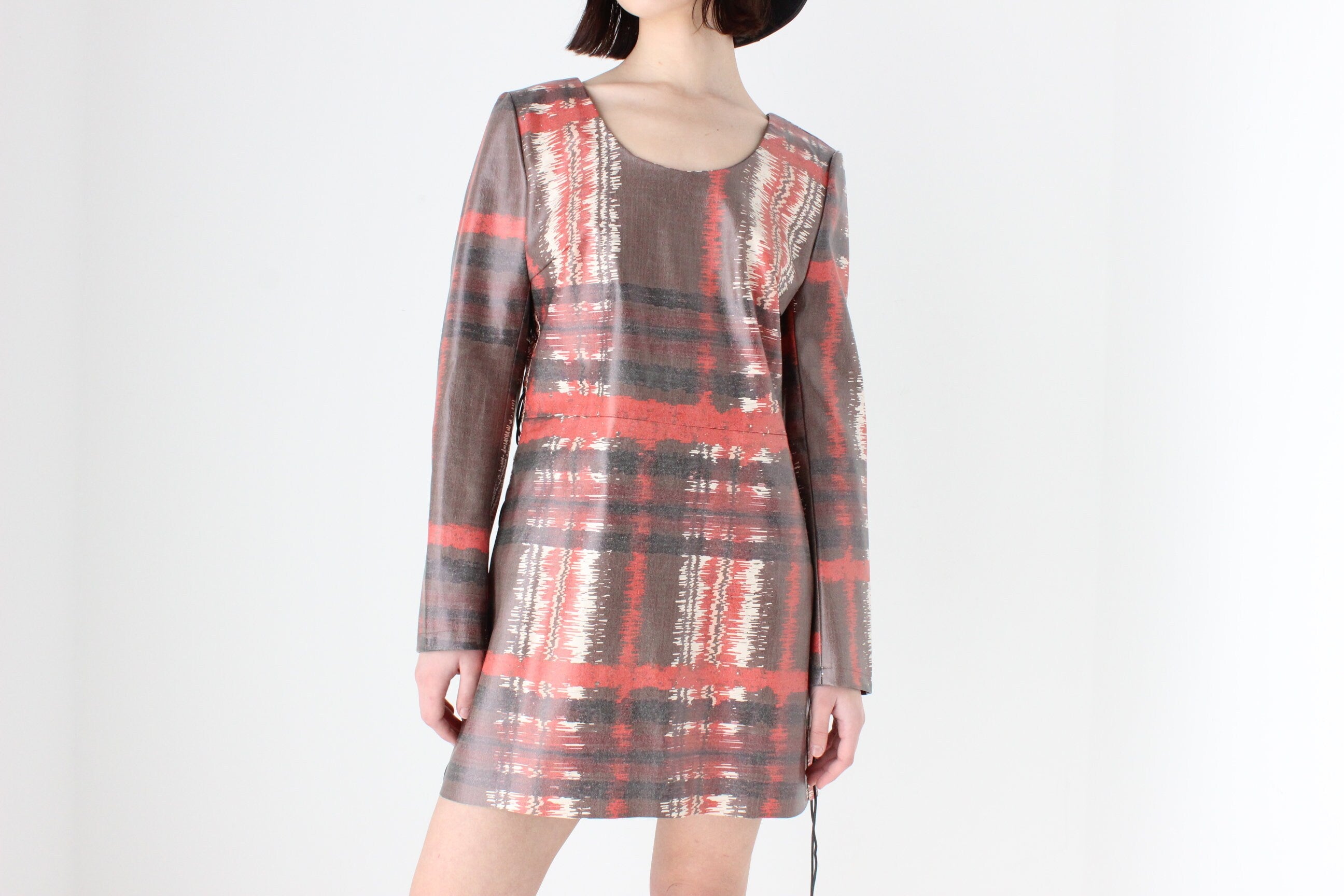 2000s Hilary Macmillan Vinyl Tartan Print Lace Side Dress