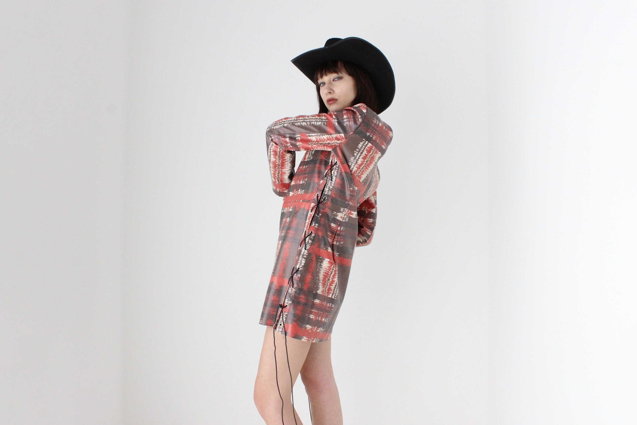2000s Hilary Macmillan Vinyl Tartan Print Lace Side Dress