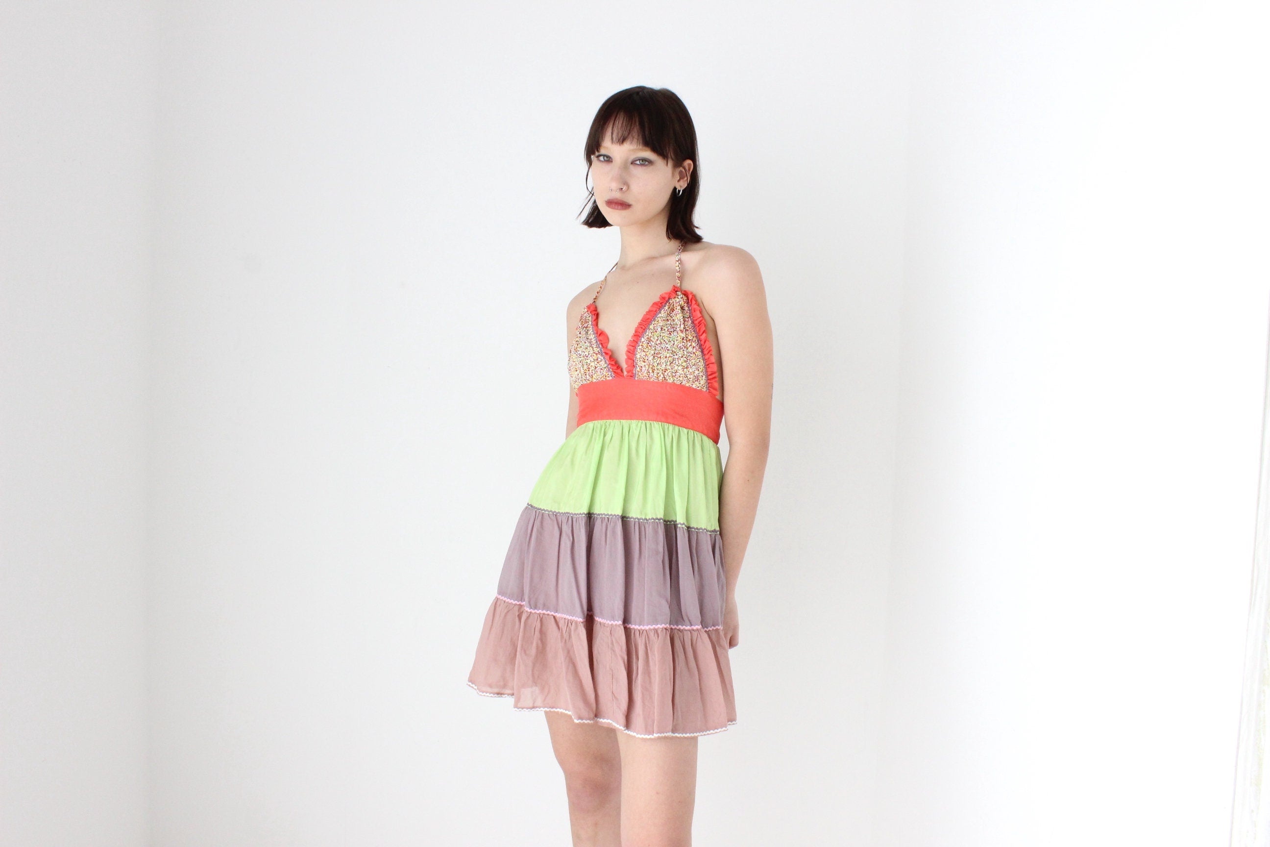 Y2K 'Pani' Silk & Cotton Tiered Ruffle Halter Mini
