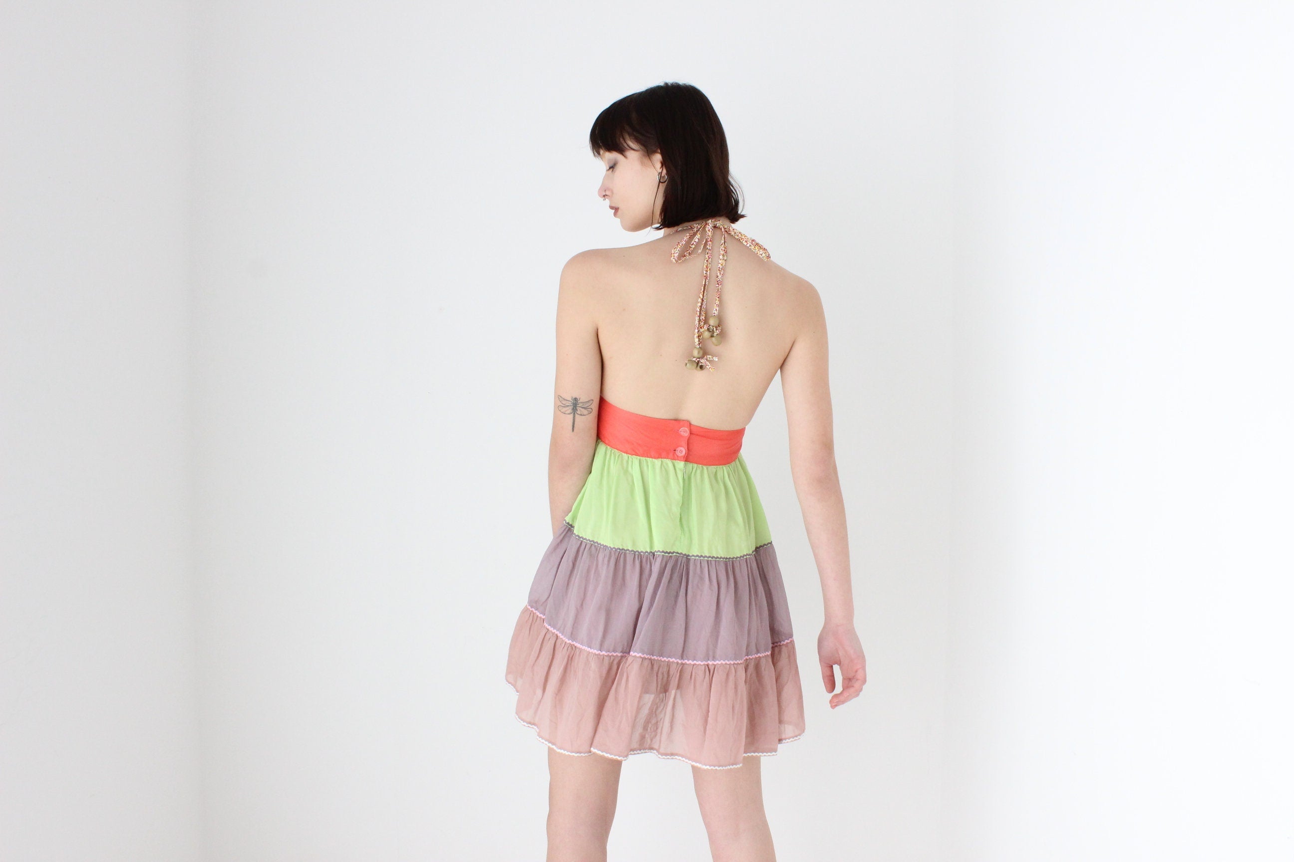 Y2K 'Pani' Silk & Cotton Tiered Ruffle Halter Mini
