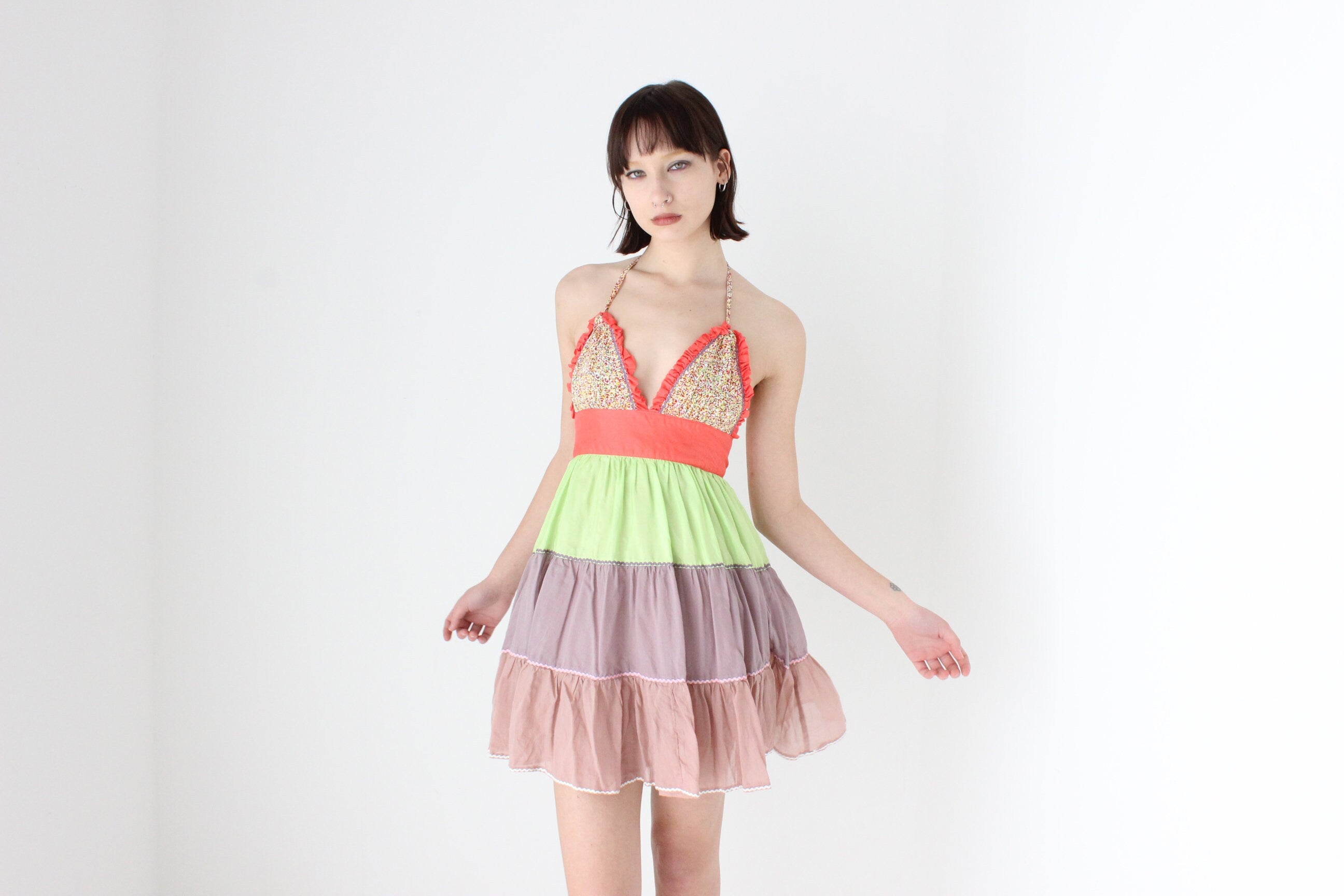 Y2K 'Pani' Silk & Cotton Tiered Ruffle Halter Mini