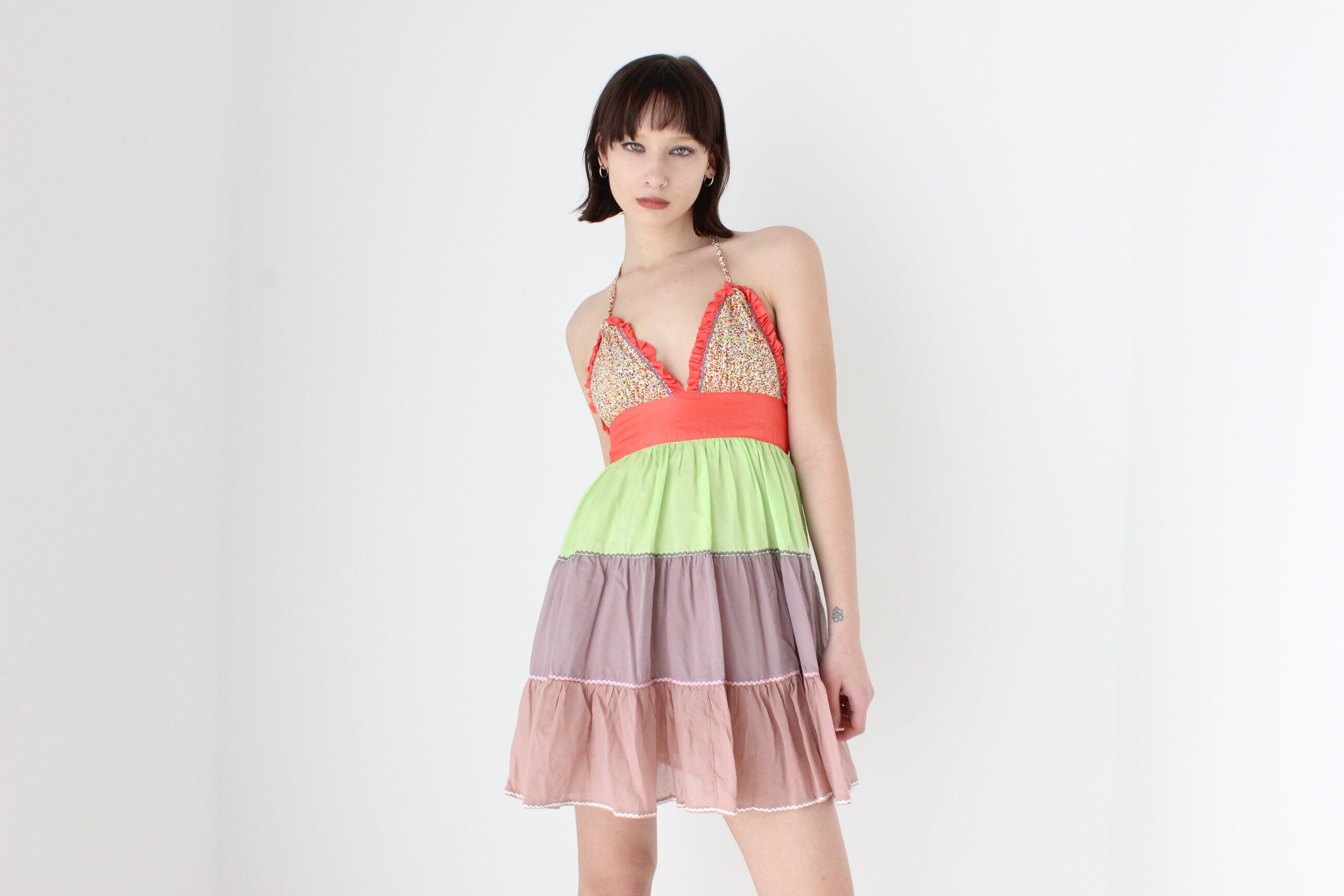 Y2K 'Pani' Silk & Cotton Tiered Ruffle Halter Mini