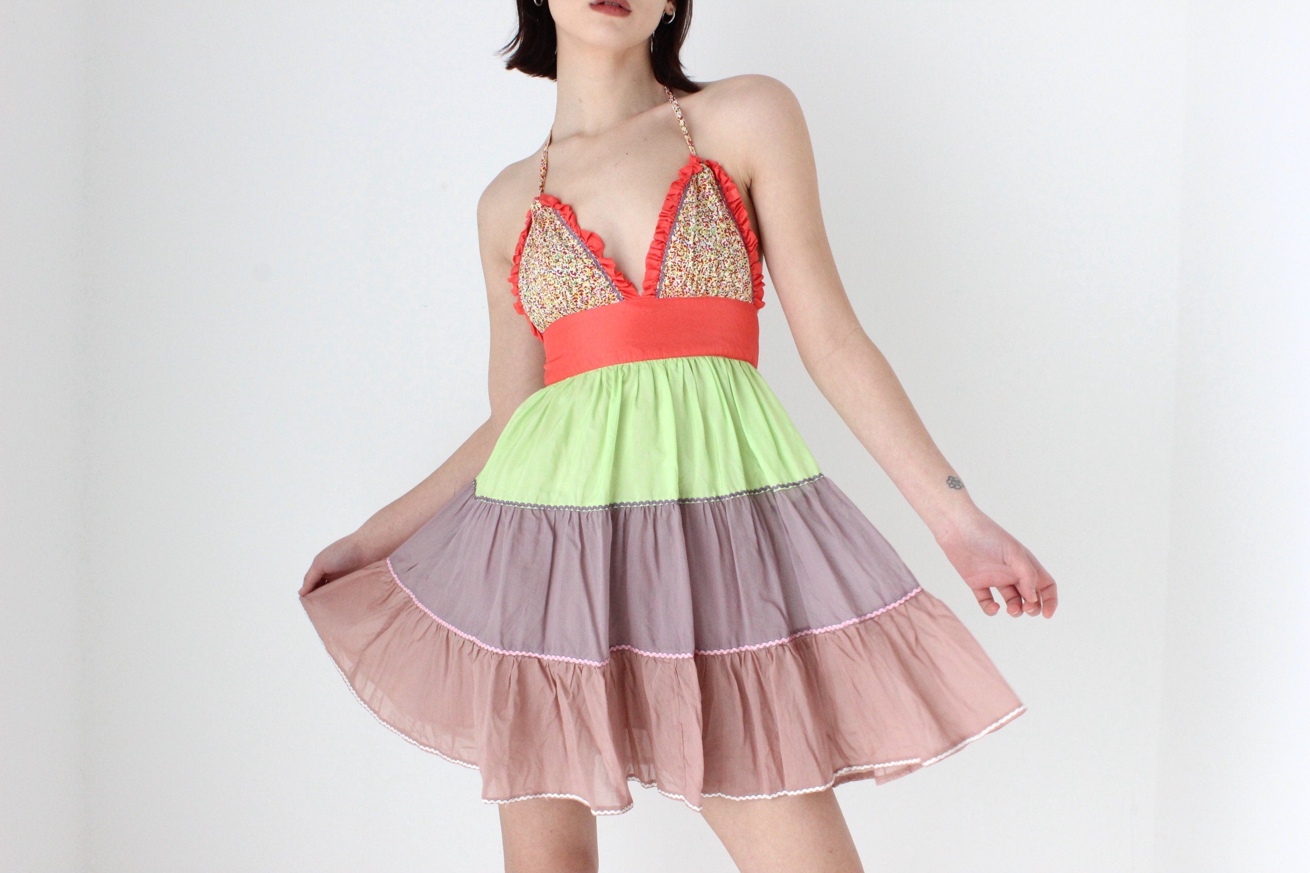 Y2K 'Pani' Silk & Cotton Tiered Ruffle Halter Mini