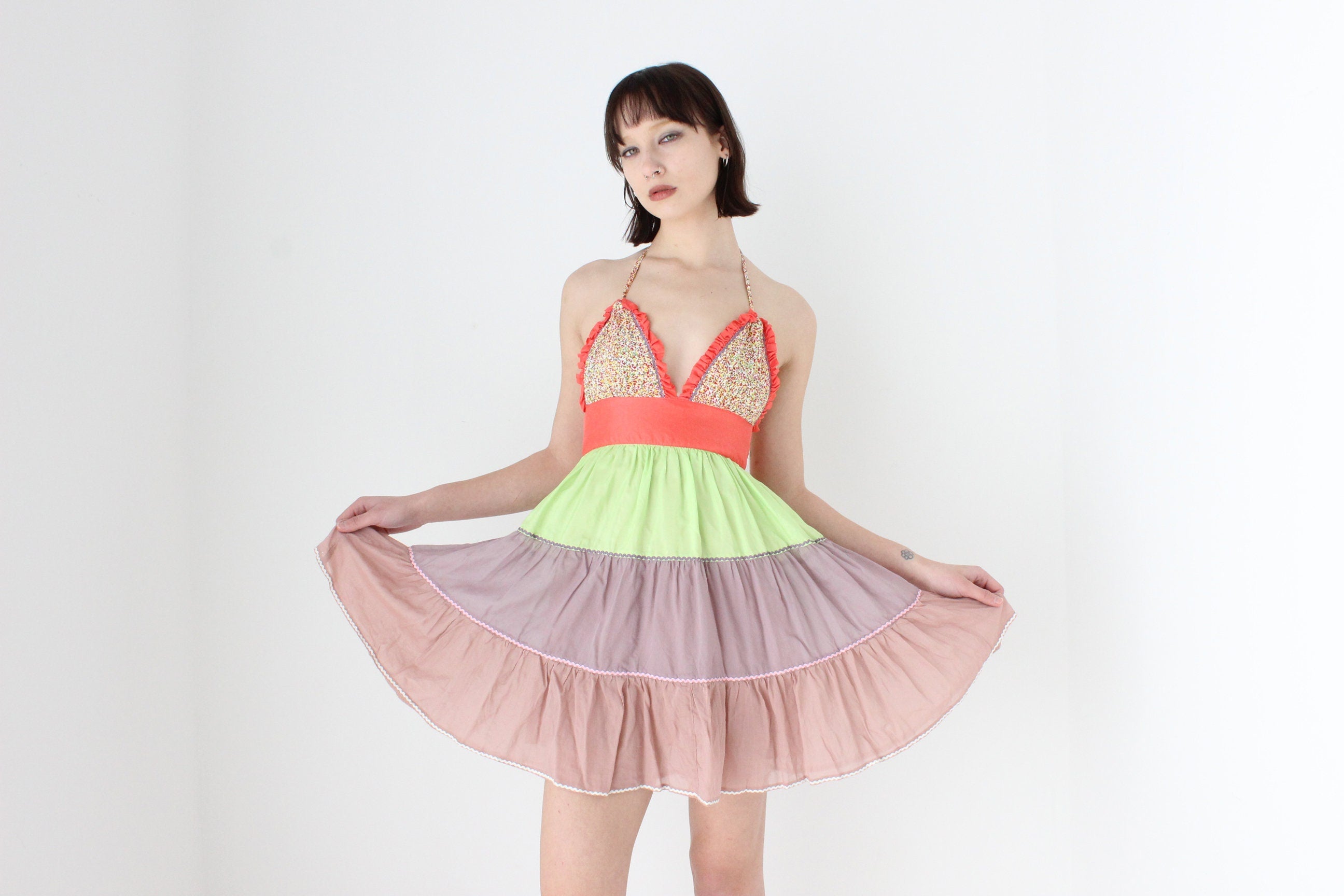 Y2K 'Pani' Silk & Cotton Tiered Ruffle Halter Mini