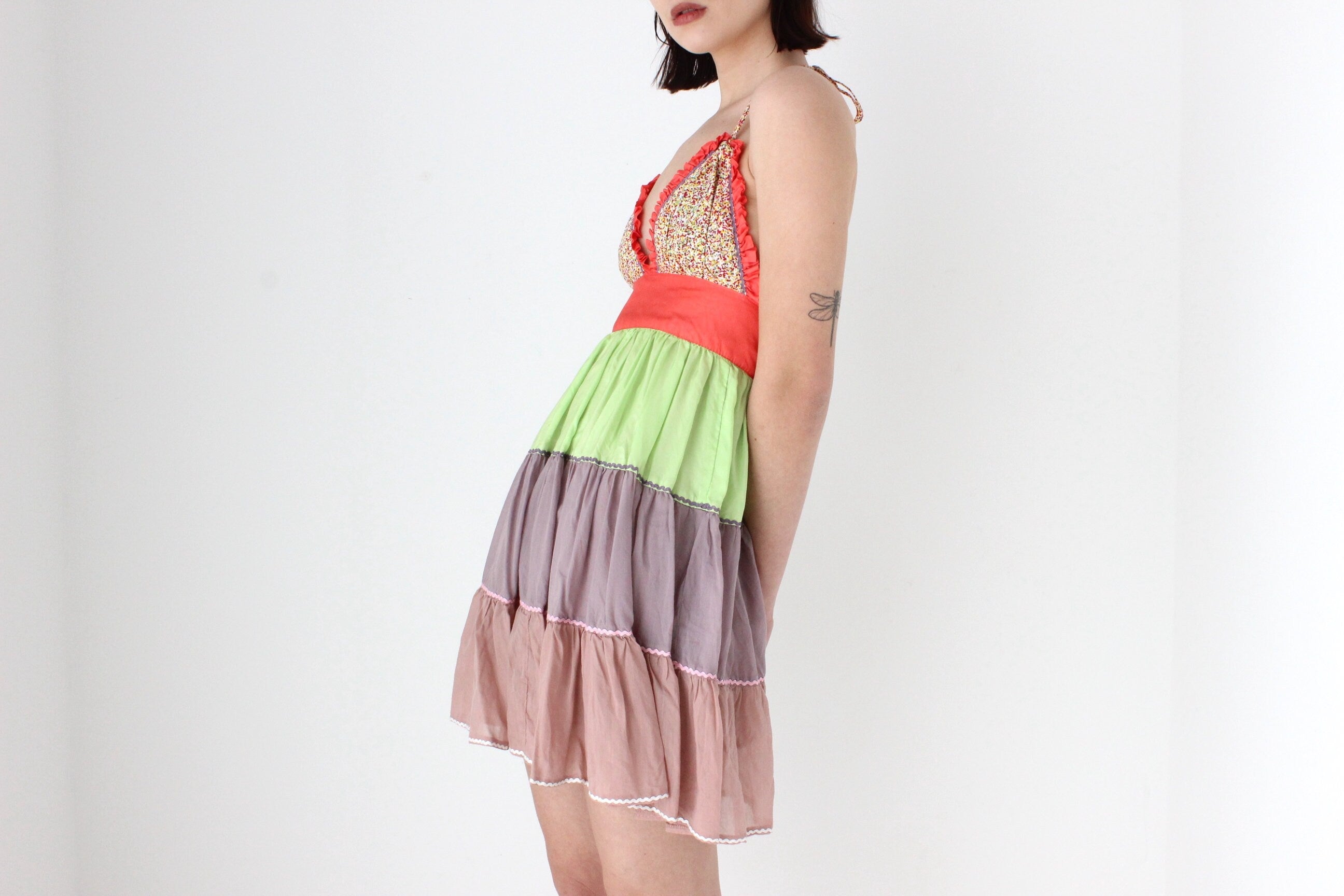 Y2K 'Pani' Silk & Cotton Tiered Ruffle Halter Mini