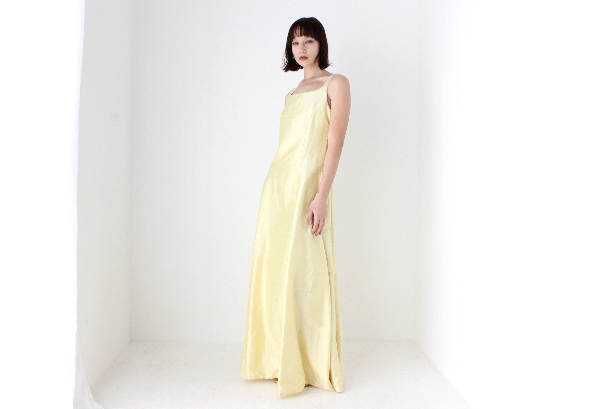 80s Shantung Silk Pastel Lemon Evening Gown