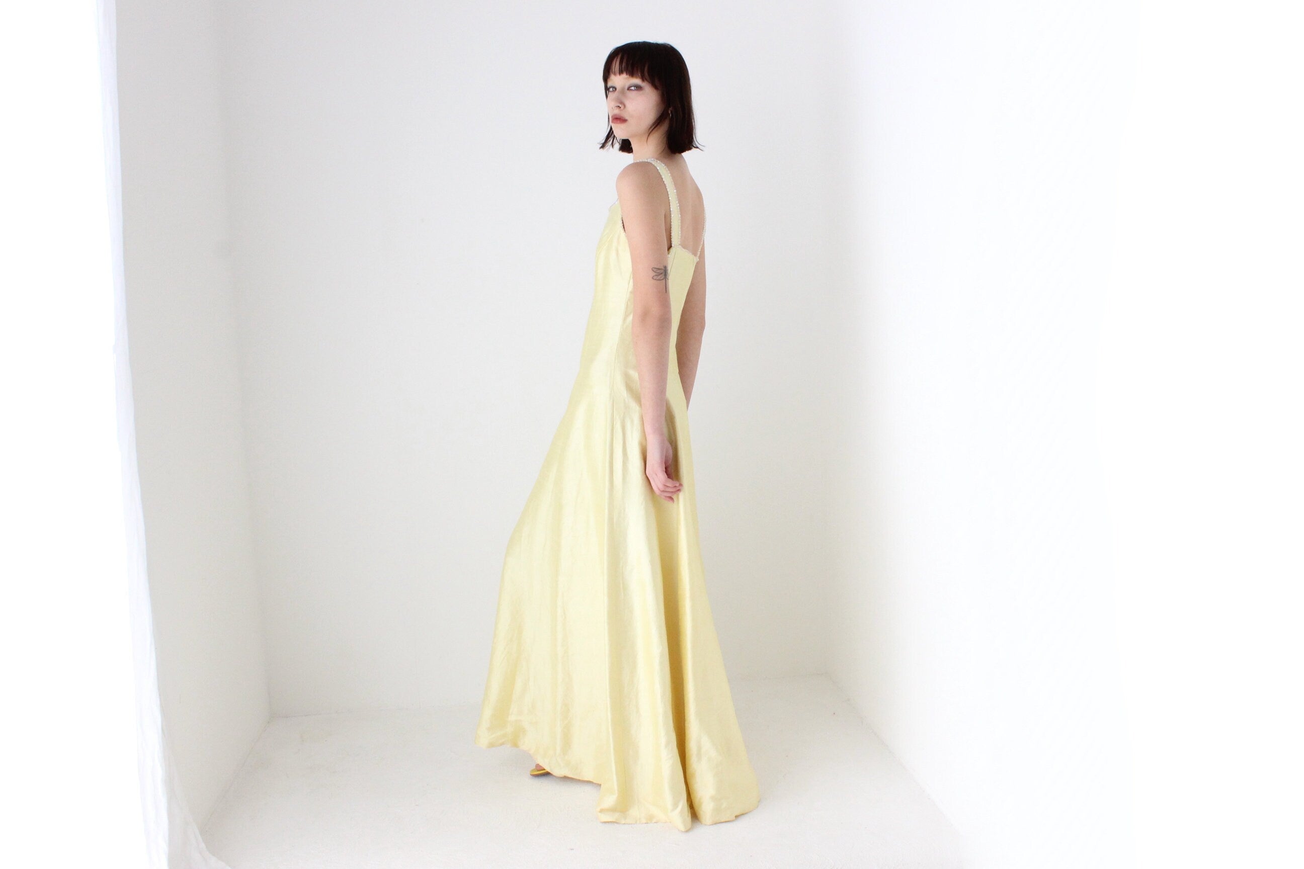 80s Shantung Silk Pastel Lemon Evening Gown