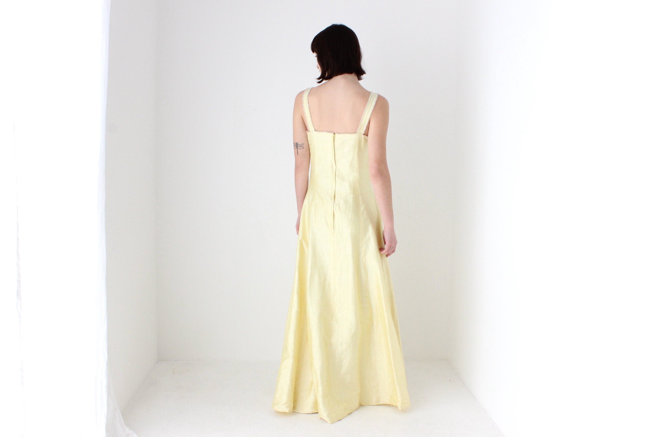 80s Shantung Silk Pastel Lemon Evening Gown