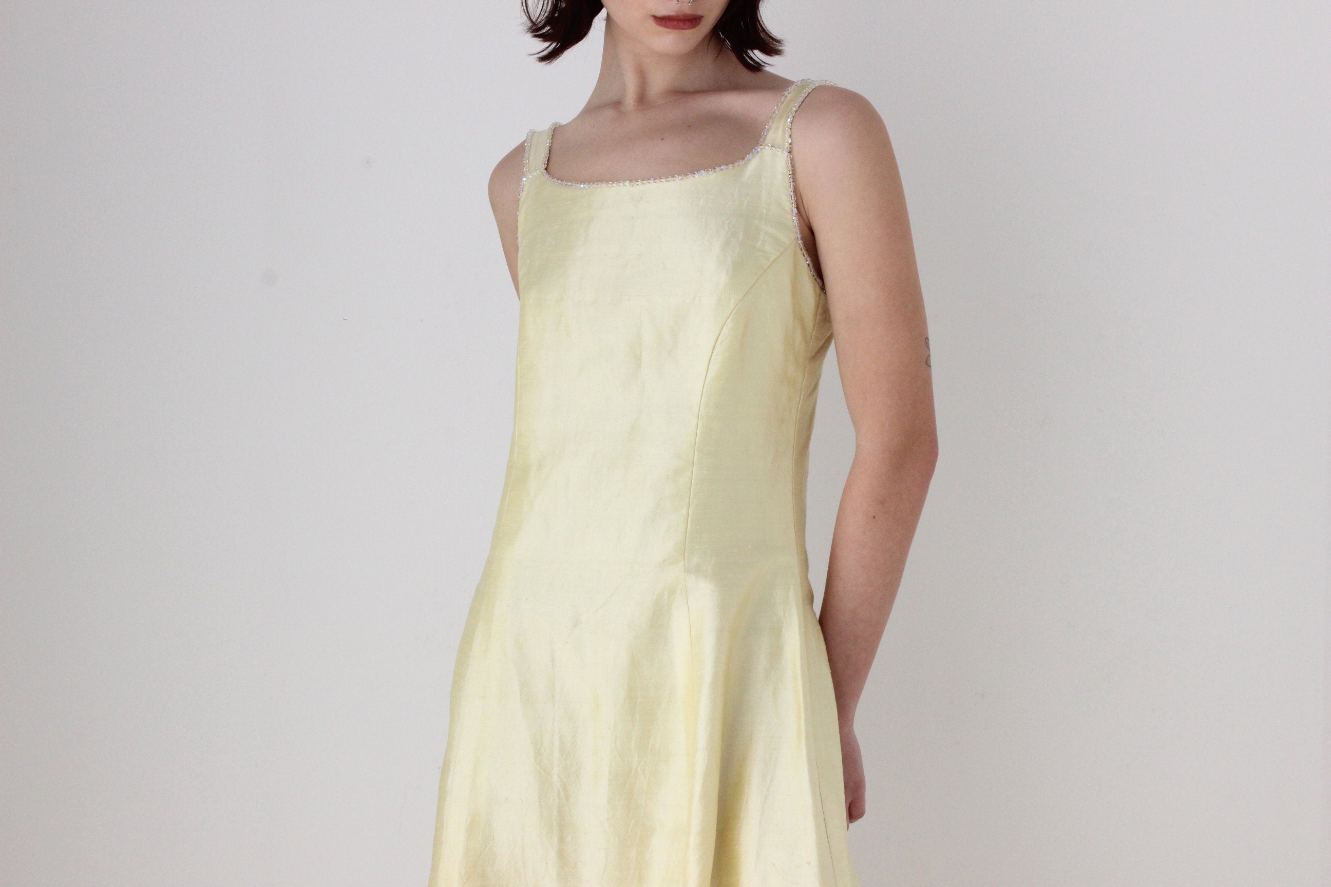 80s Shantung Silk Pastel Lemon Evening Gown