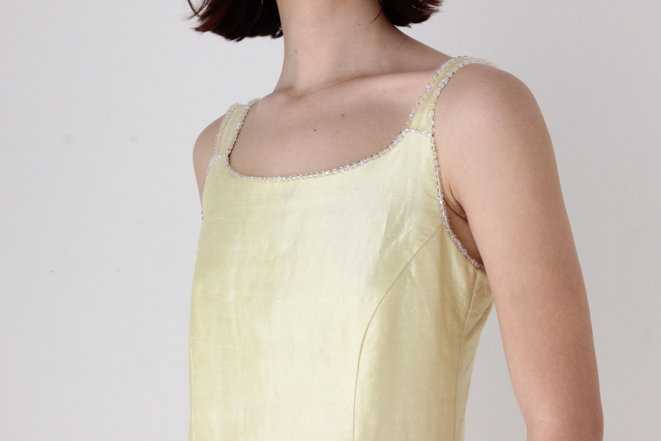 80s Shantung Silk Pastel Lemon Evening Gown