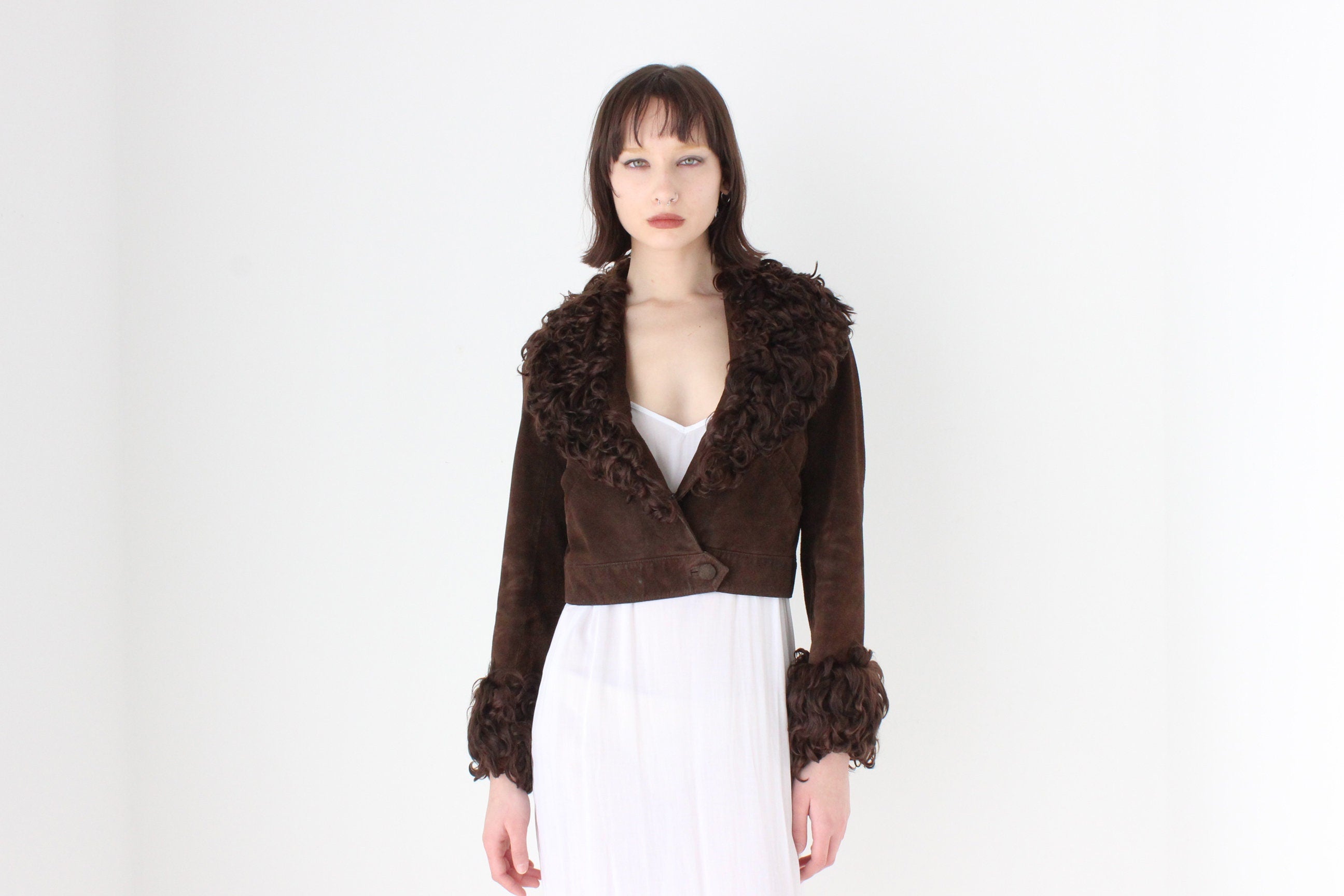 70s {Suede & Afghan Goat Fur} Chocolate Brown Cropped Jacket