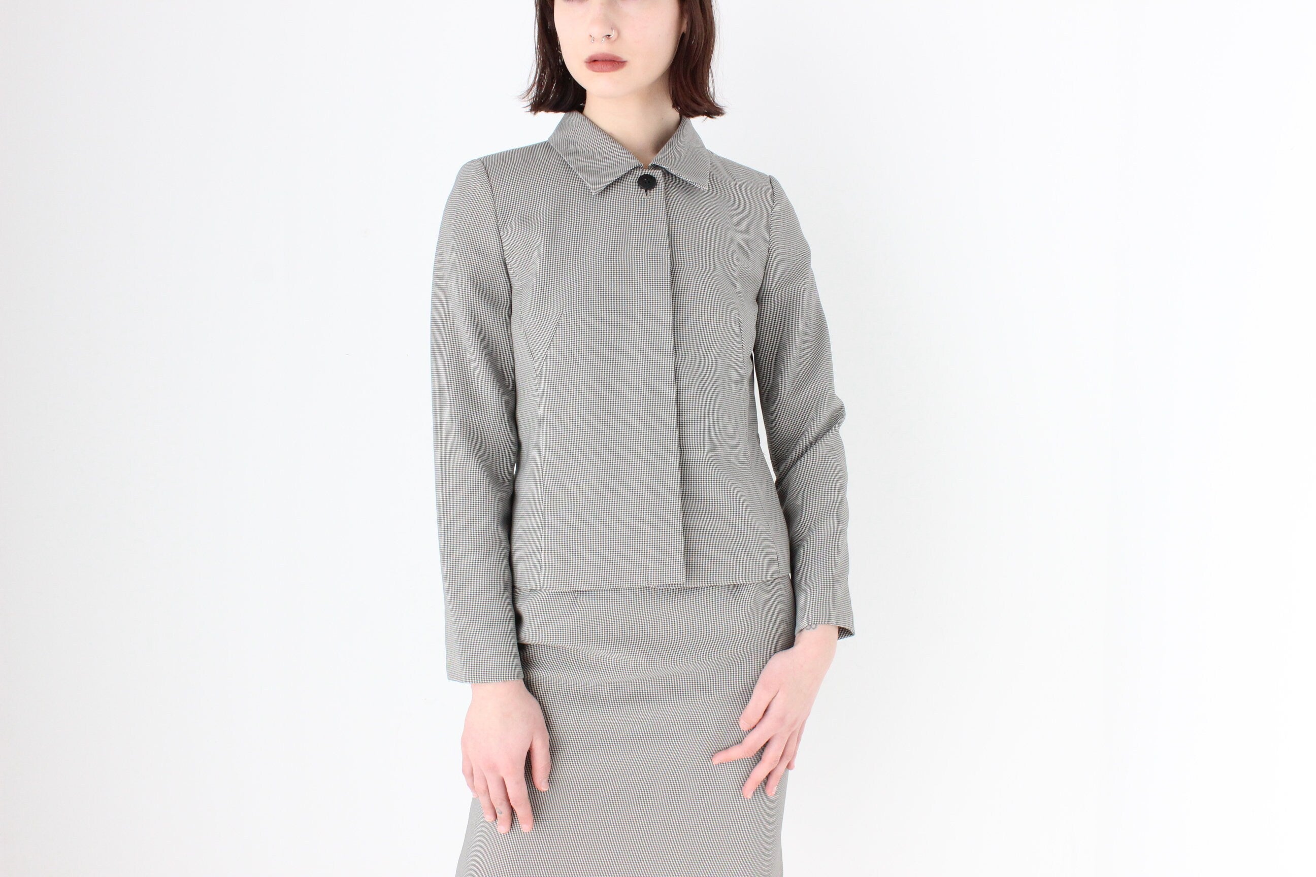 90s Houndstooth Check Sexy Professional Fitted Two Piece Skirt Suit