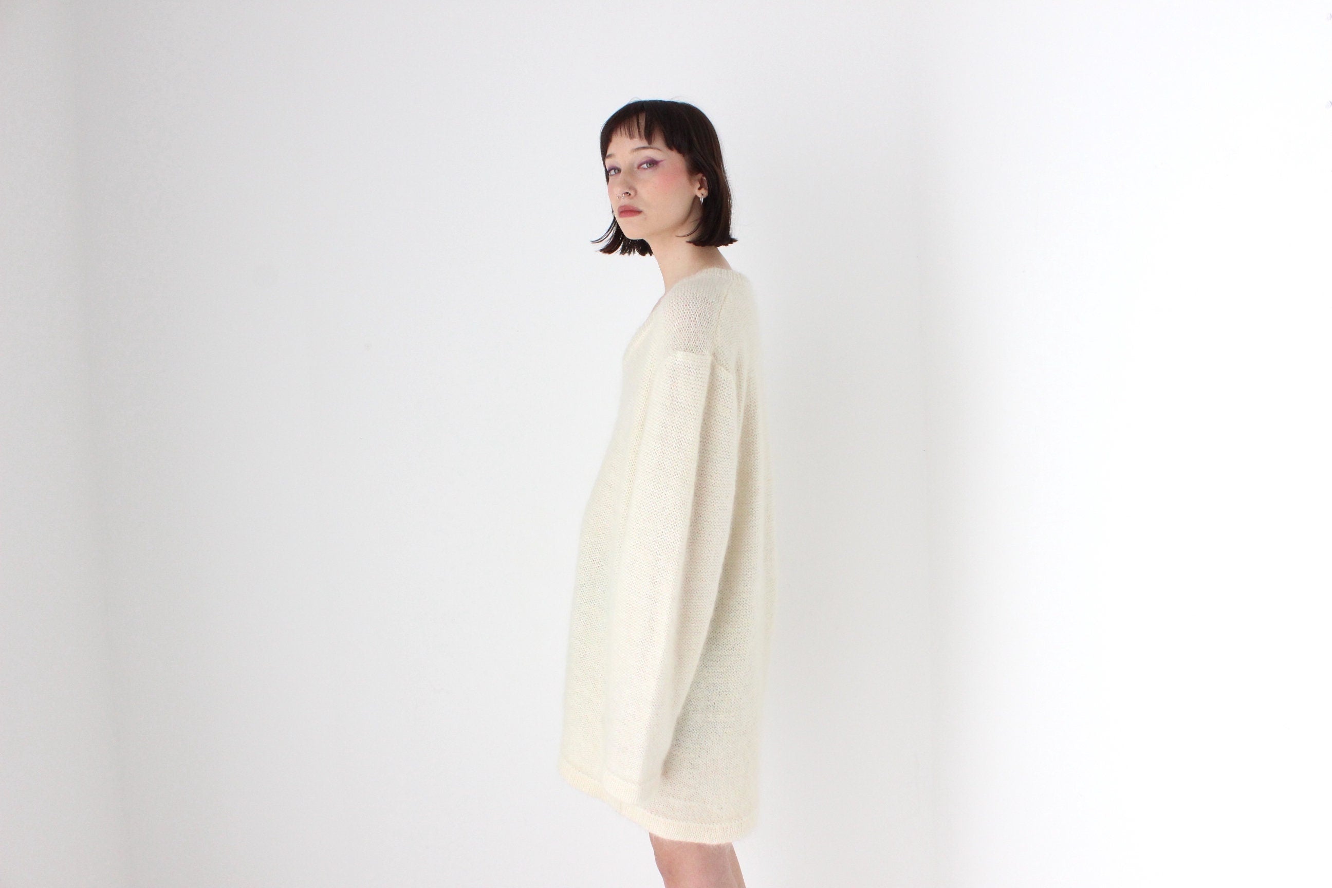 80s Mohair Blend V Neck Sweater Dress