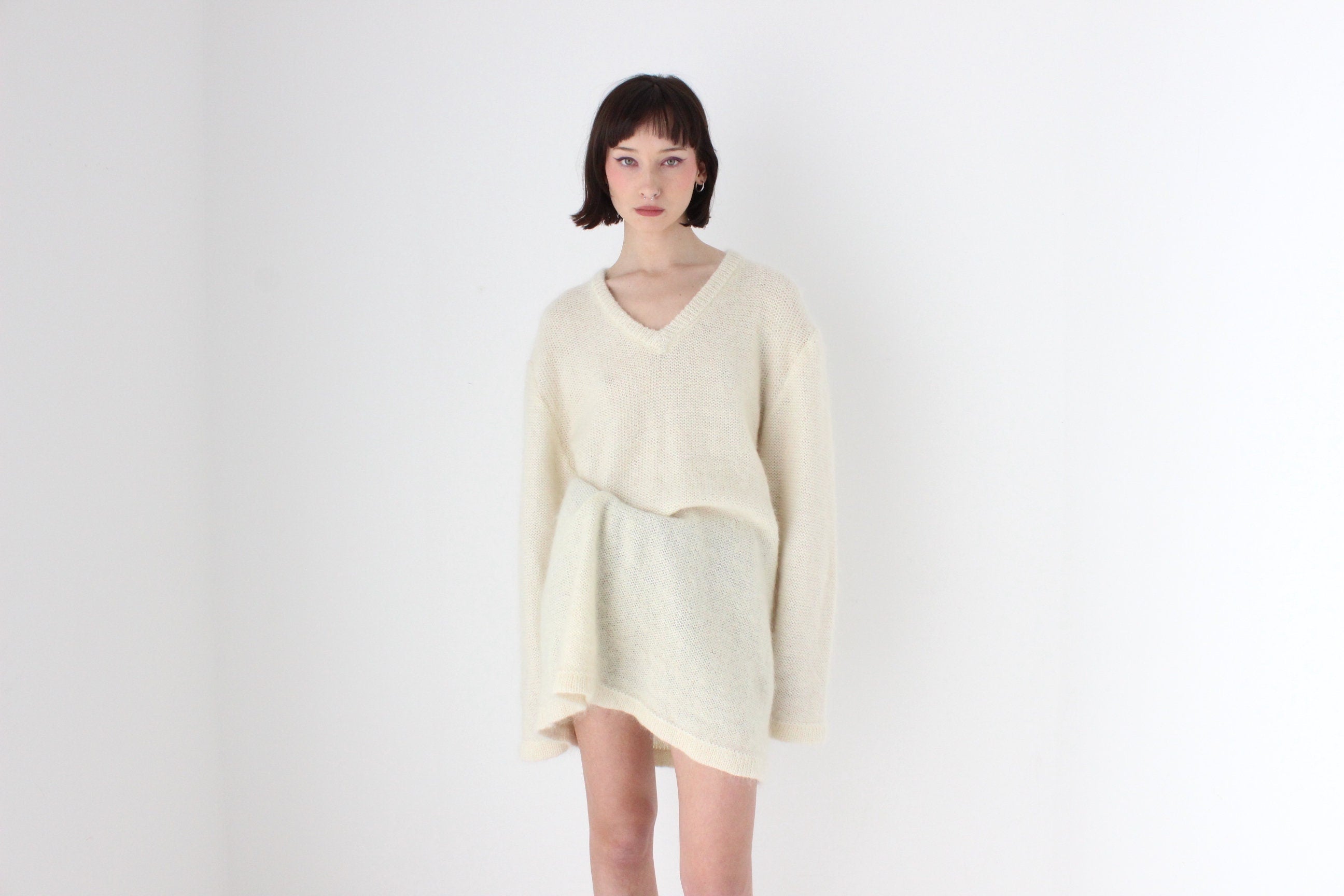 80s Mohair Blend V Neck Sweater Dress