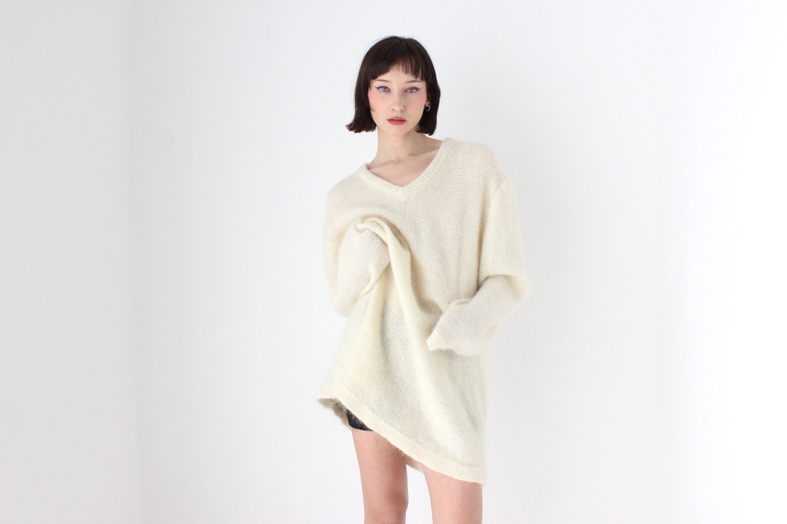 80s Mohair Blend V Neck Sweater Dress
