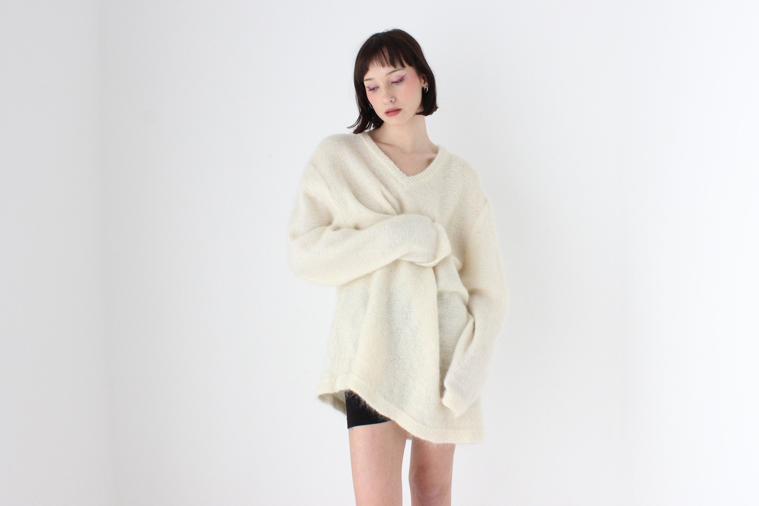 80s Mohair Blend V Neck Sweater Dress
