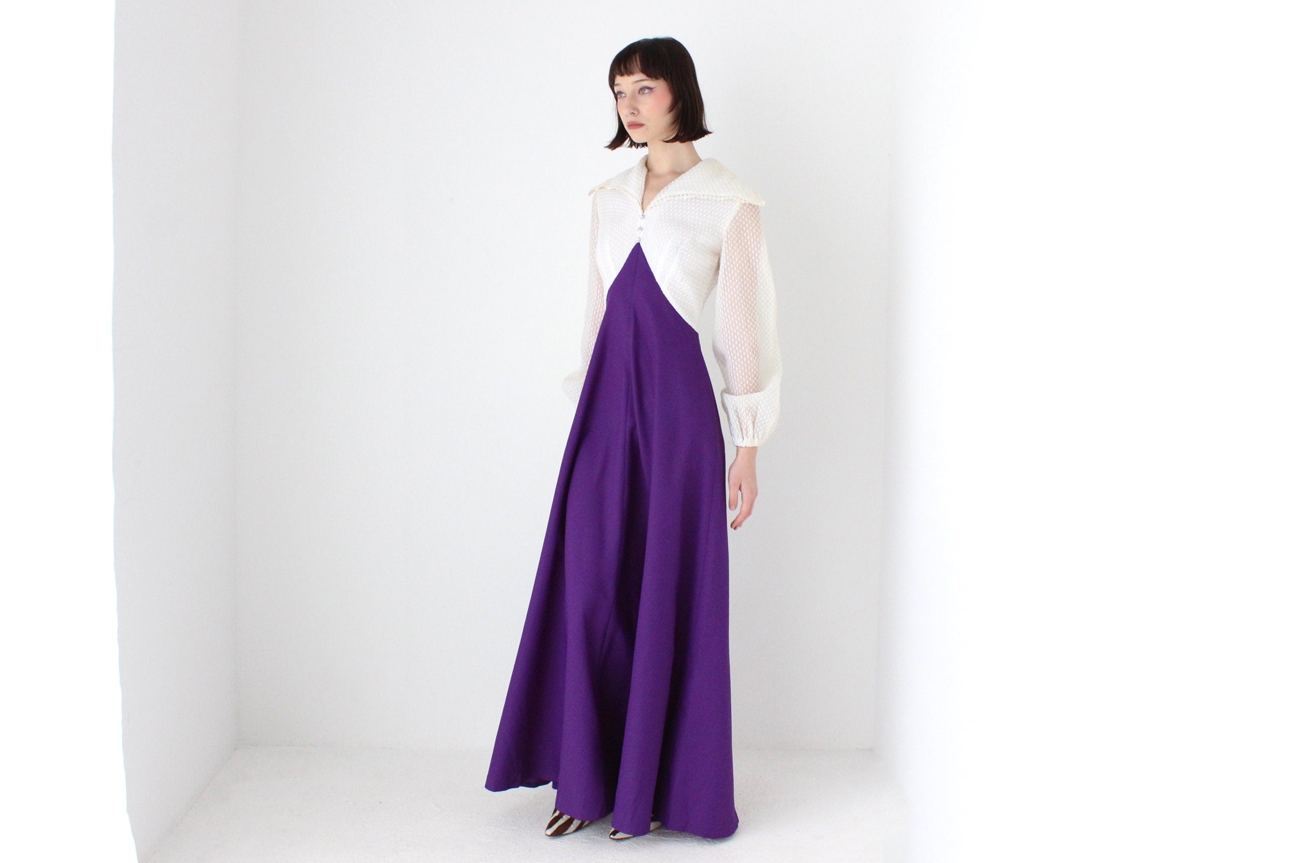 Fabulous 70s Crimplene Dramatic Collar & Poet Sleeve Gown