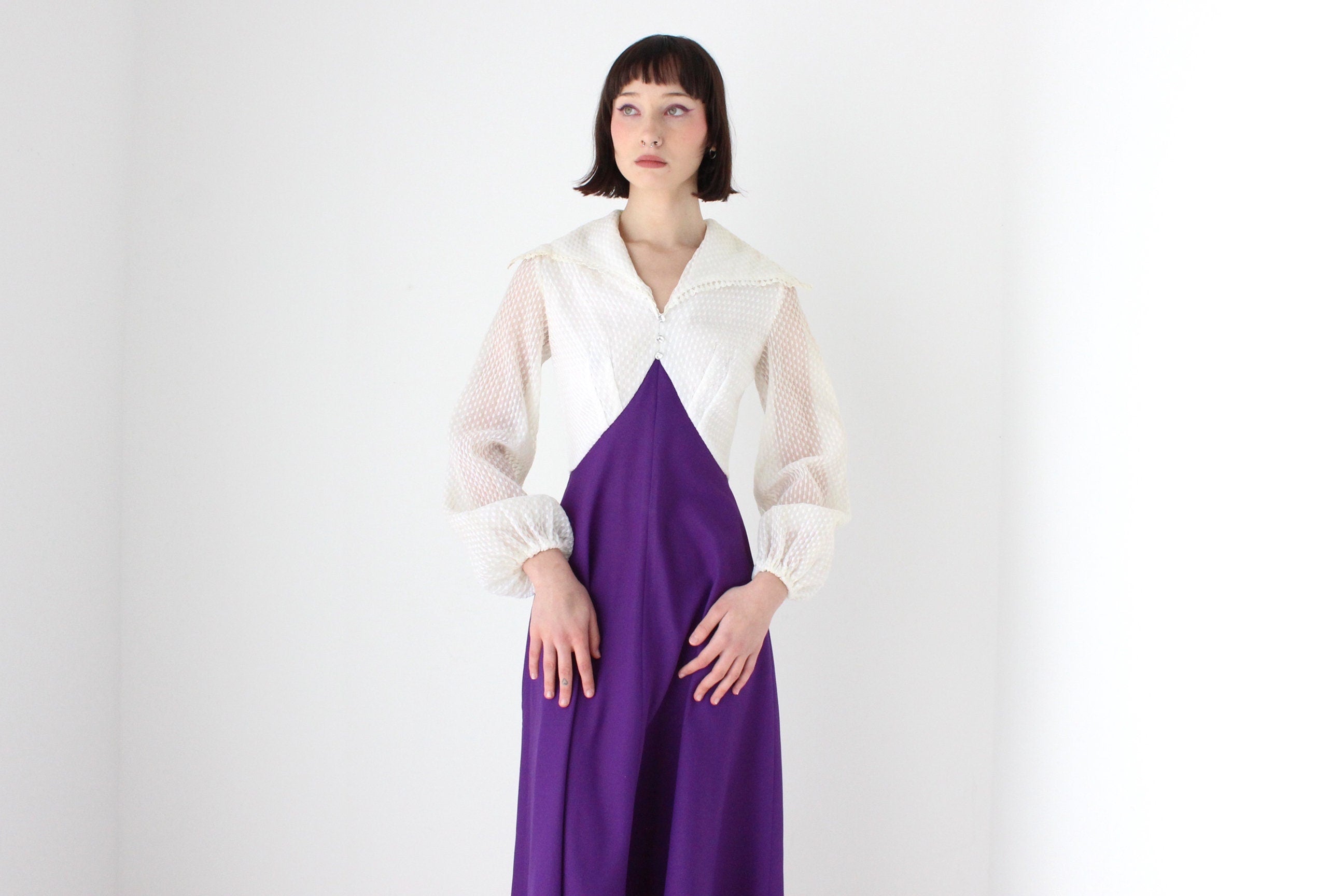 Fabulous 70s Crimplene Dramatic Collar & Poet Sleeve Gown