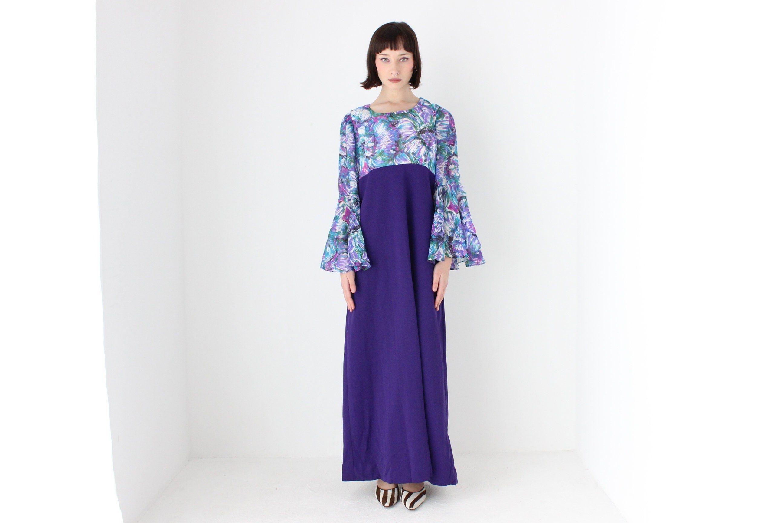 Incredible 70s Dramatic Flare Sleeve Gown