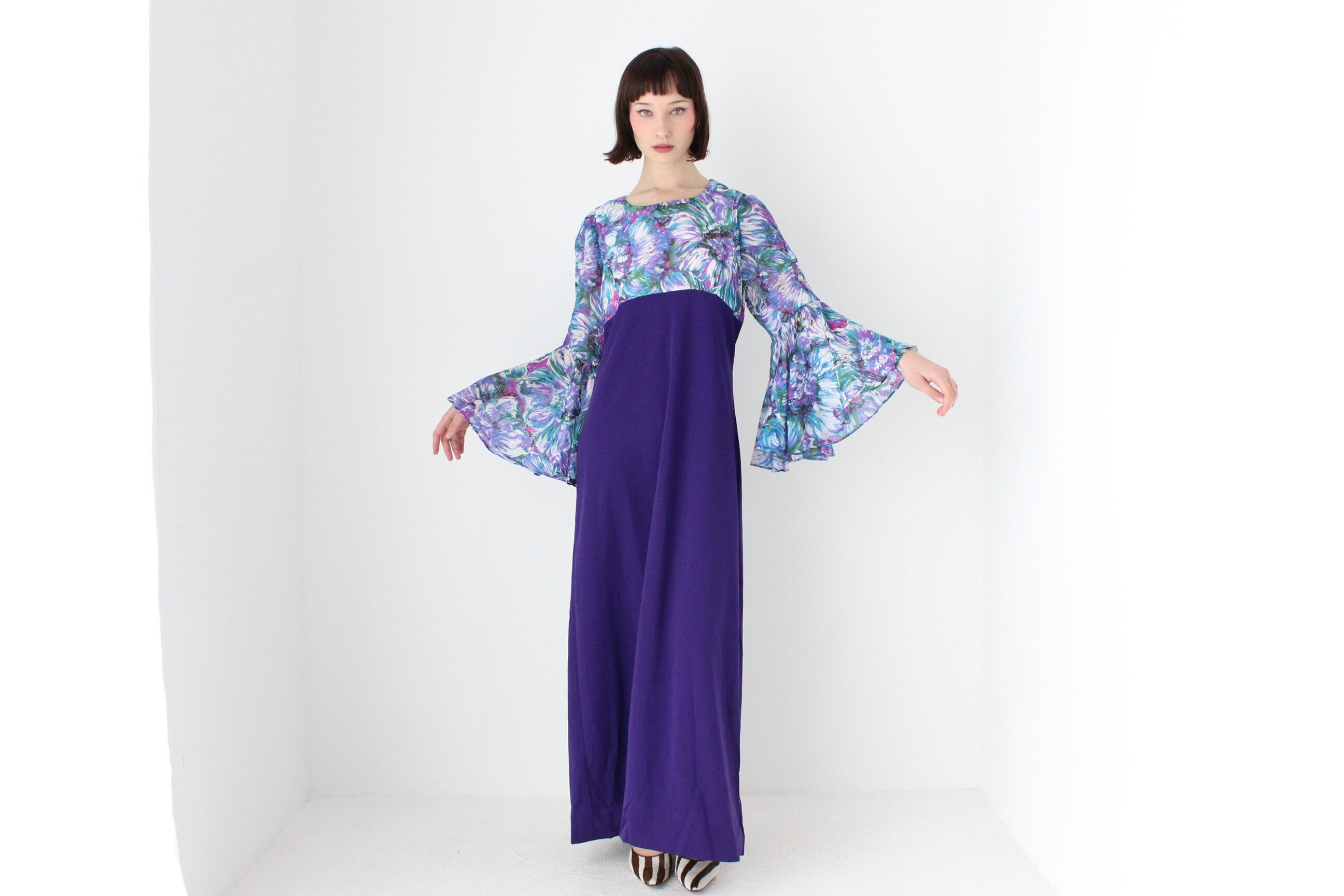 Incredible 70s Dramatic Flare Sleeve Gown