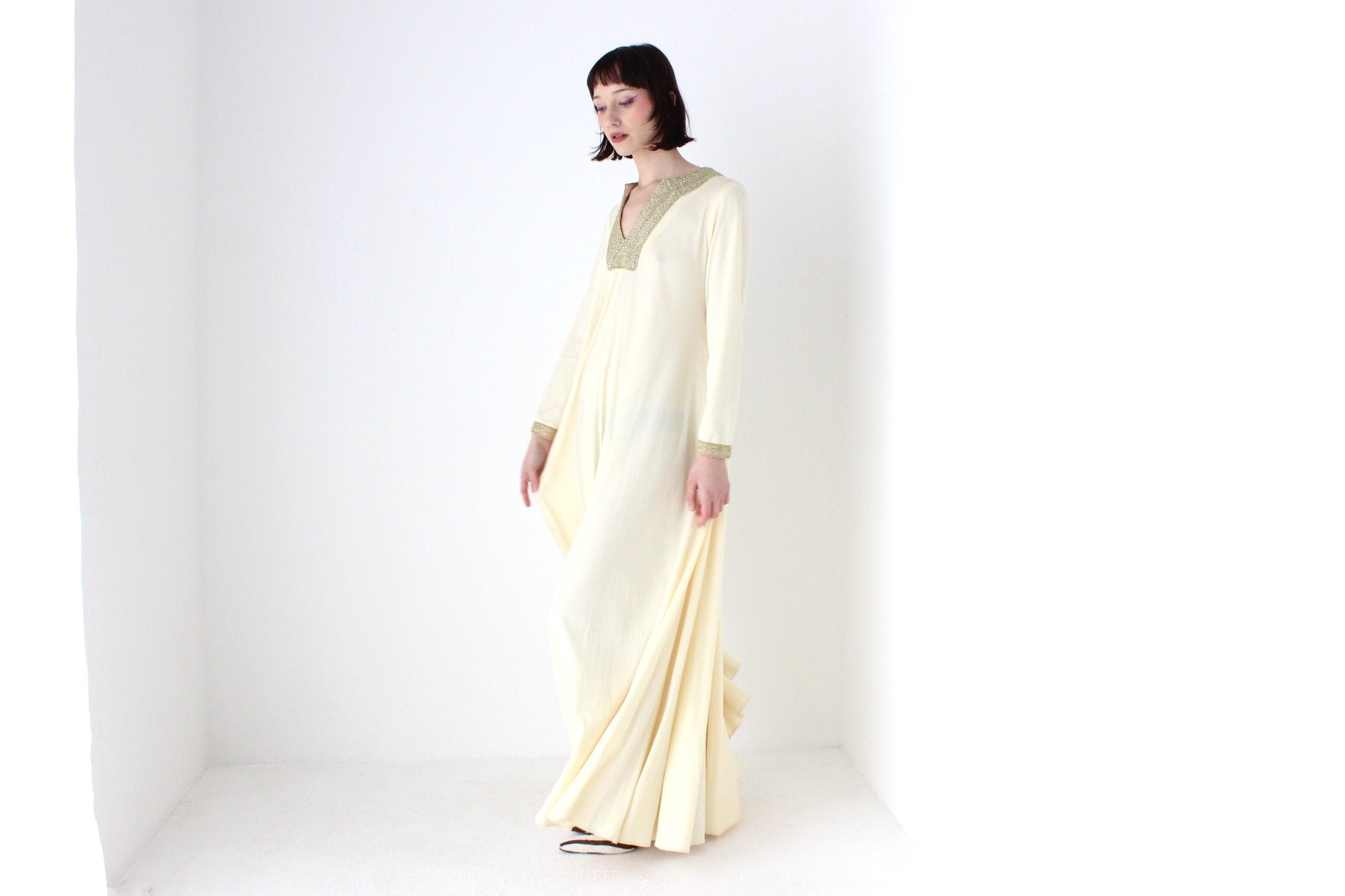 70s DISCO GODDESS Cream Jersey & Gold Trim Sweeping Trapeze Gown