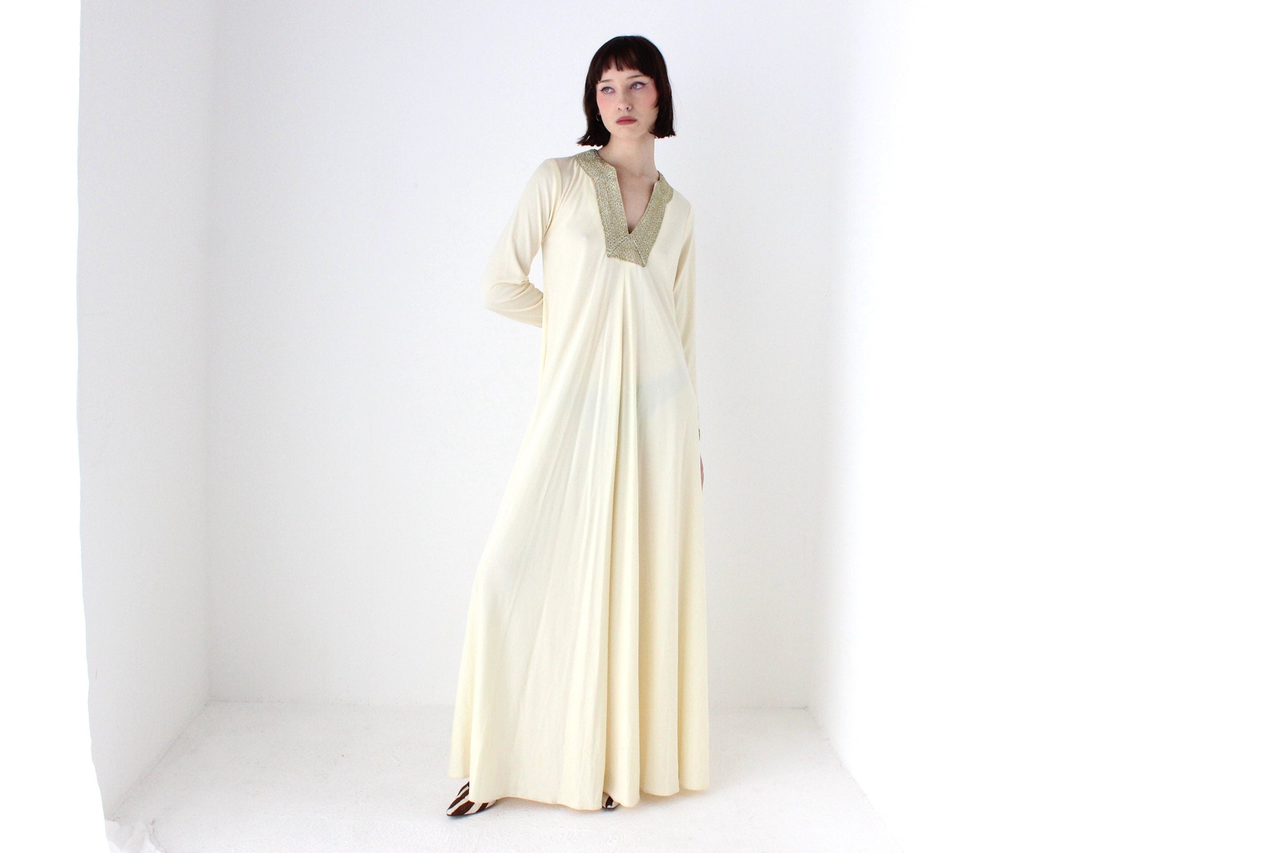 70s DISCO GODDESS Cream Jersey & Gold Trim Sweeping Trapeze Gown