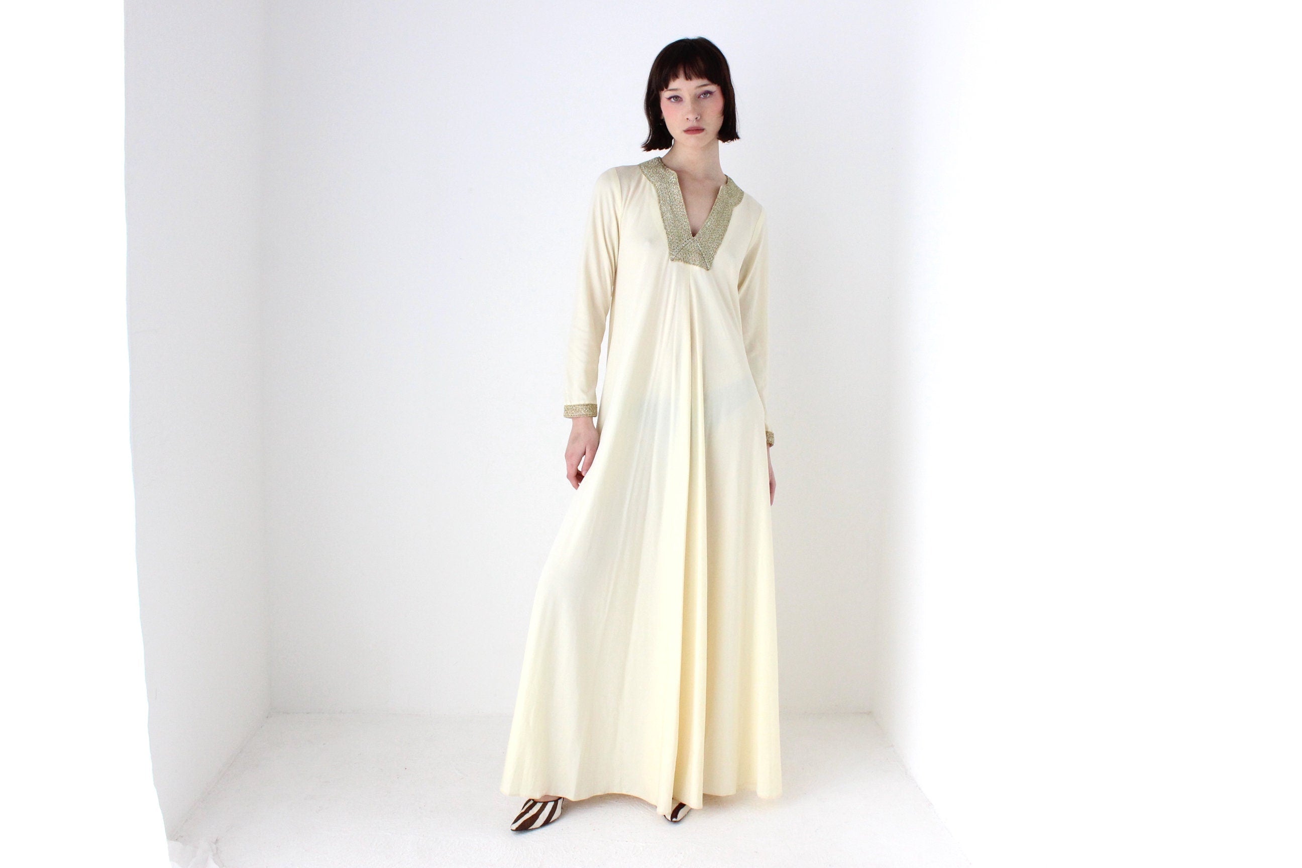 70s DISCO GODDESS Cream Jersey & Gold Trim Sweeping Trapeze Gown