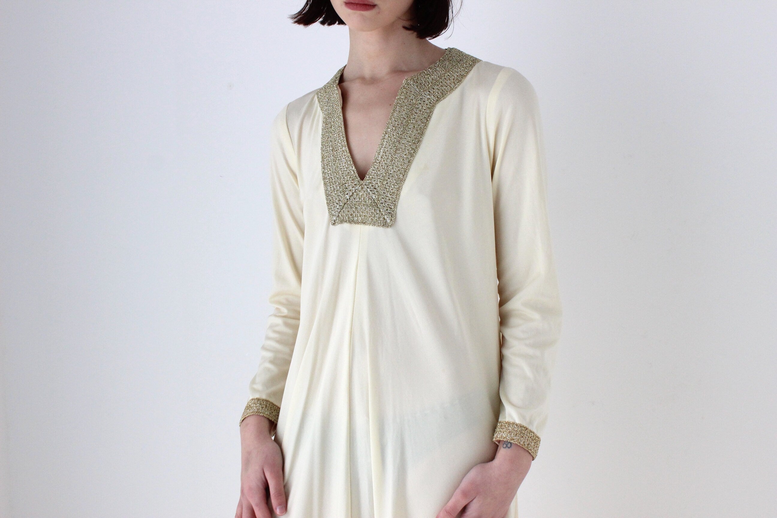 70s DISCO GODDESS Cream Jersey & Gold Trim Sweeping Trapeze Gown
