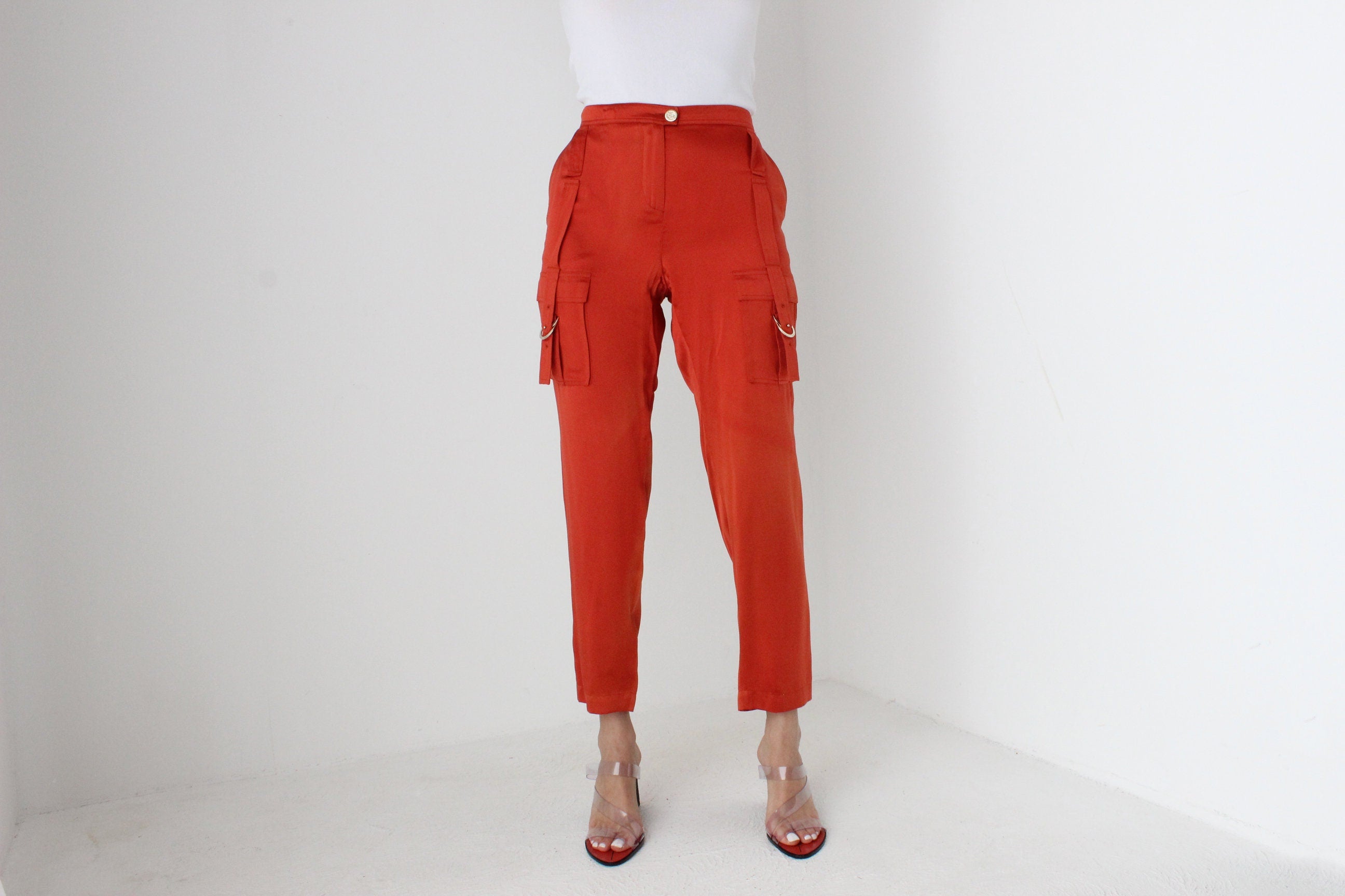 Y2K Roberto Cavalli Pure Silk Cropped Cargo Pocket Pants