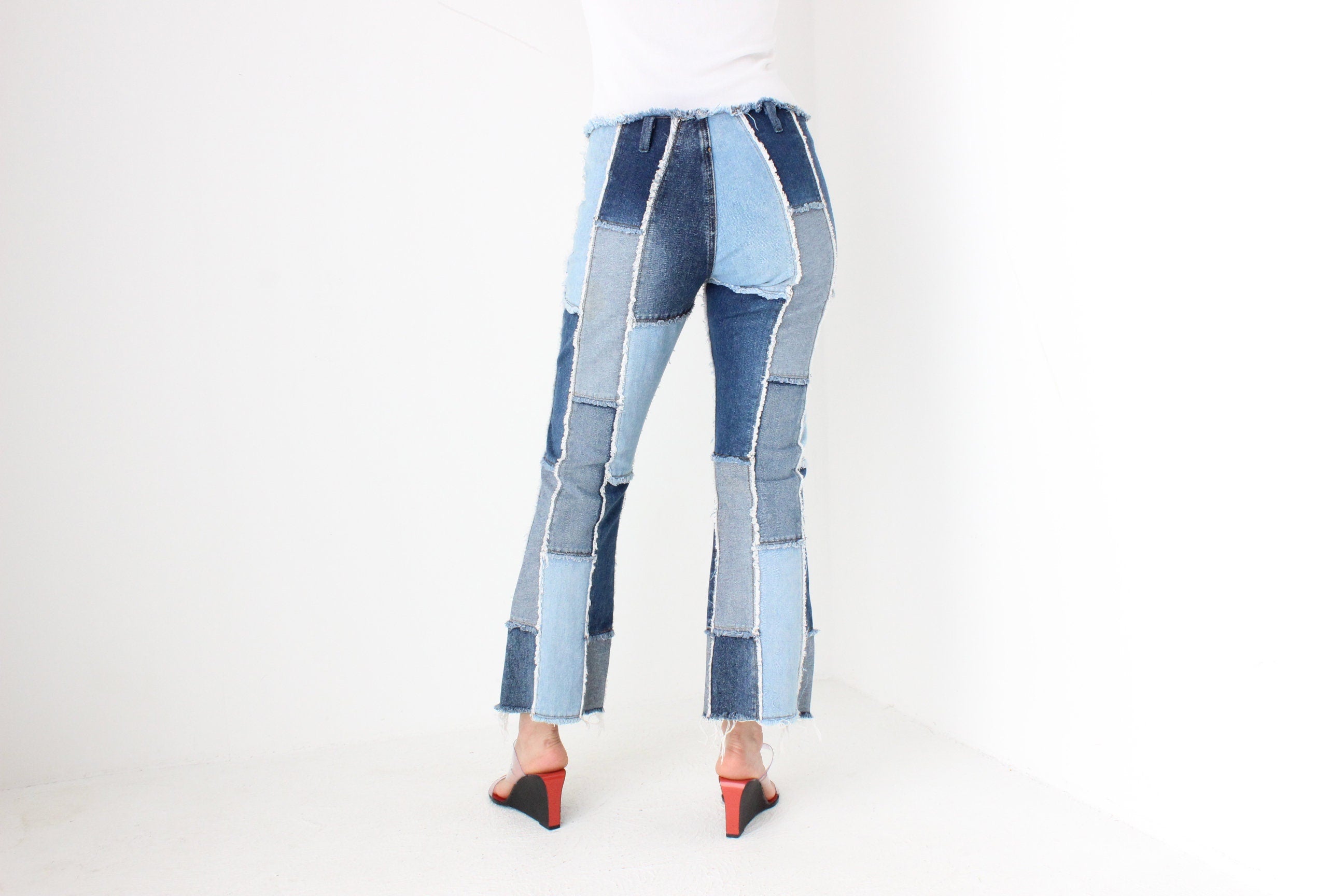 Y2K Frayed Denim Patchwork Cropped Kick Flare Jeans By Zana Di