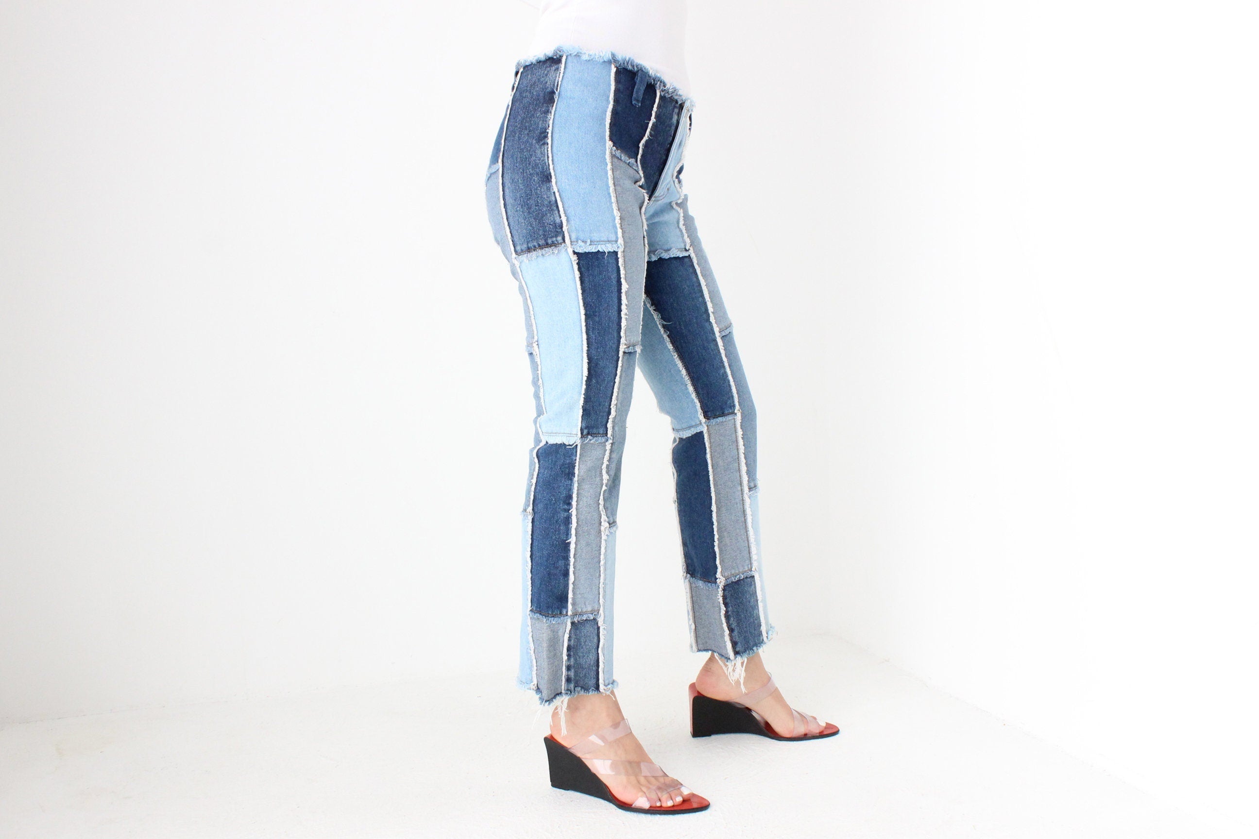 Y2K Frayed Denim Patchwork Cropped Kick Flare Jeans By Zana Di