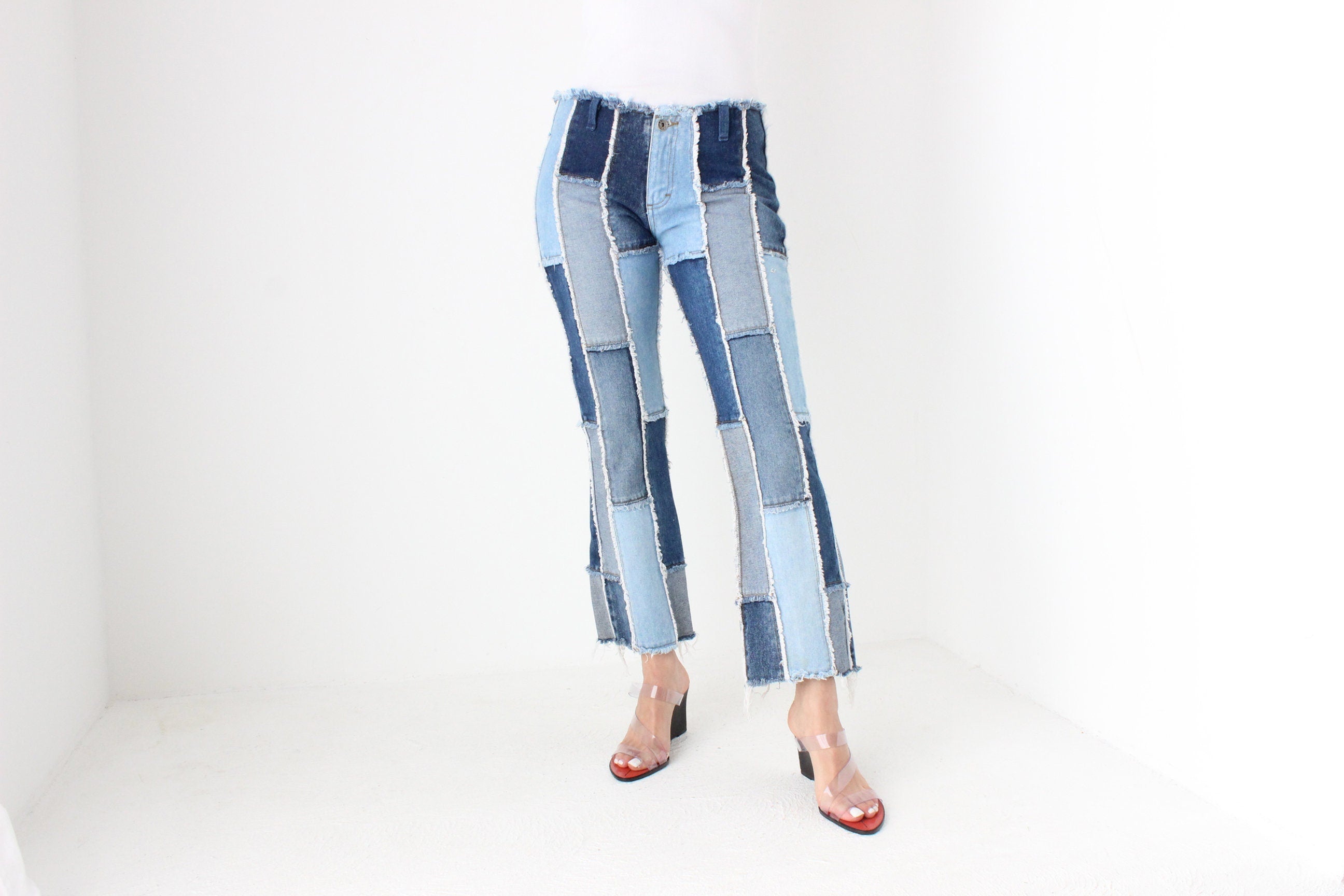 Y2K Frayed Denim Patchwork Cropped Kick Flare Jeans By Zana Di