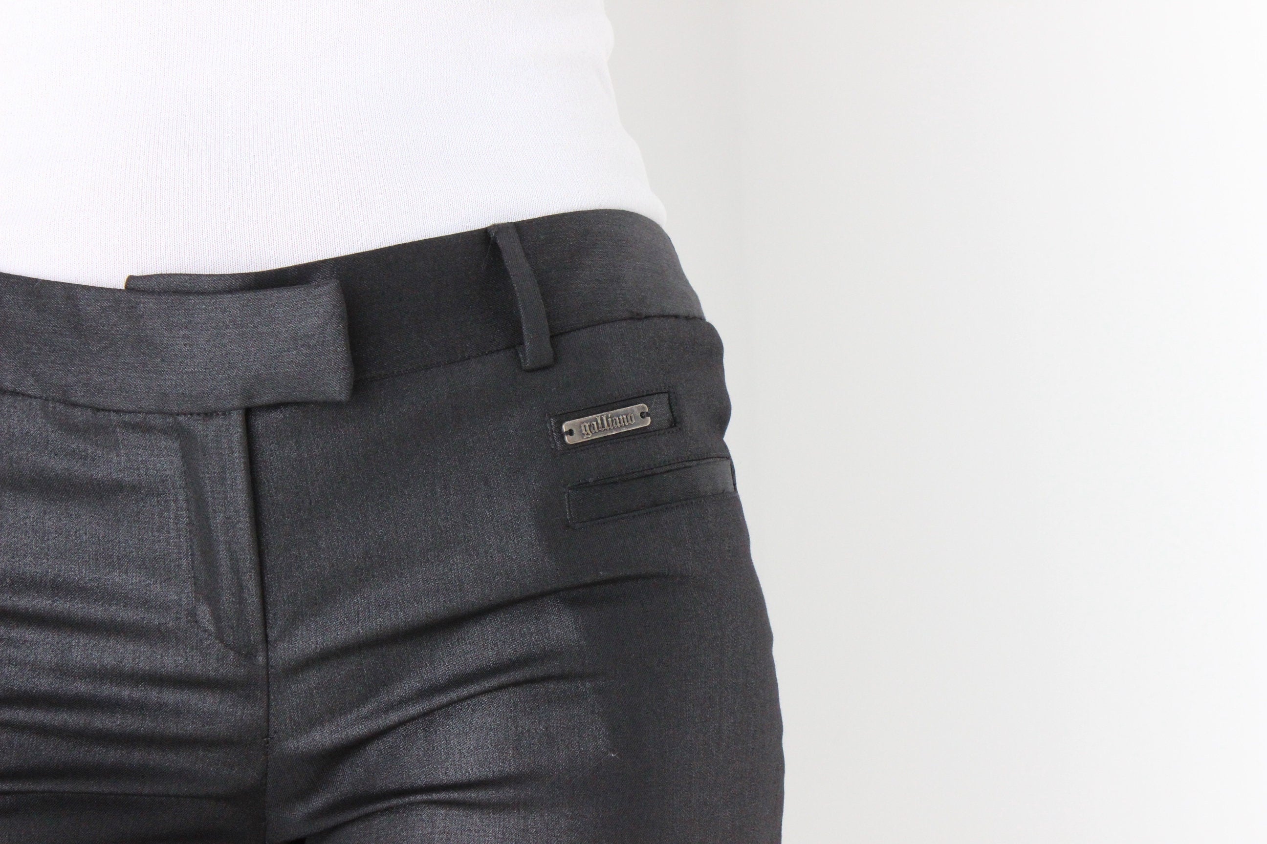 Vintage John Galliano Stretch Wool Blend Leather Look Bootcut Flares