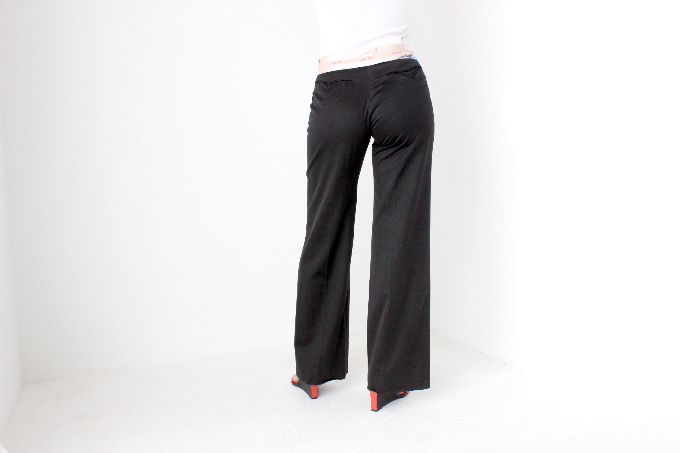 Y2K ROBERTO CAVALLI Black Wide Leg Pants w/ Silk Cummerbund