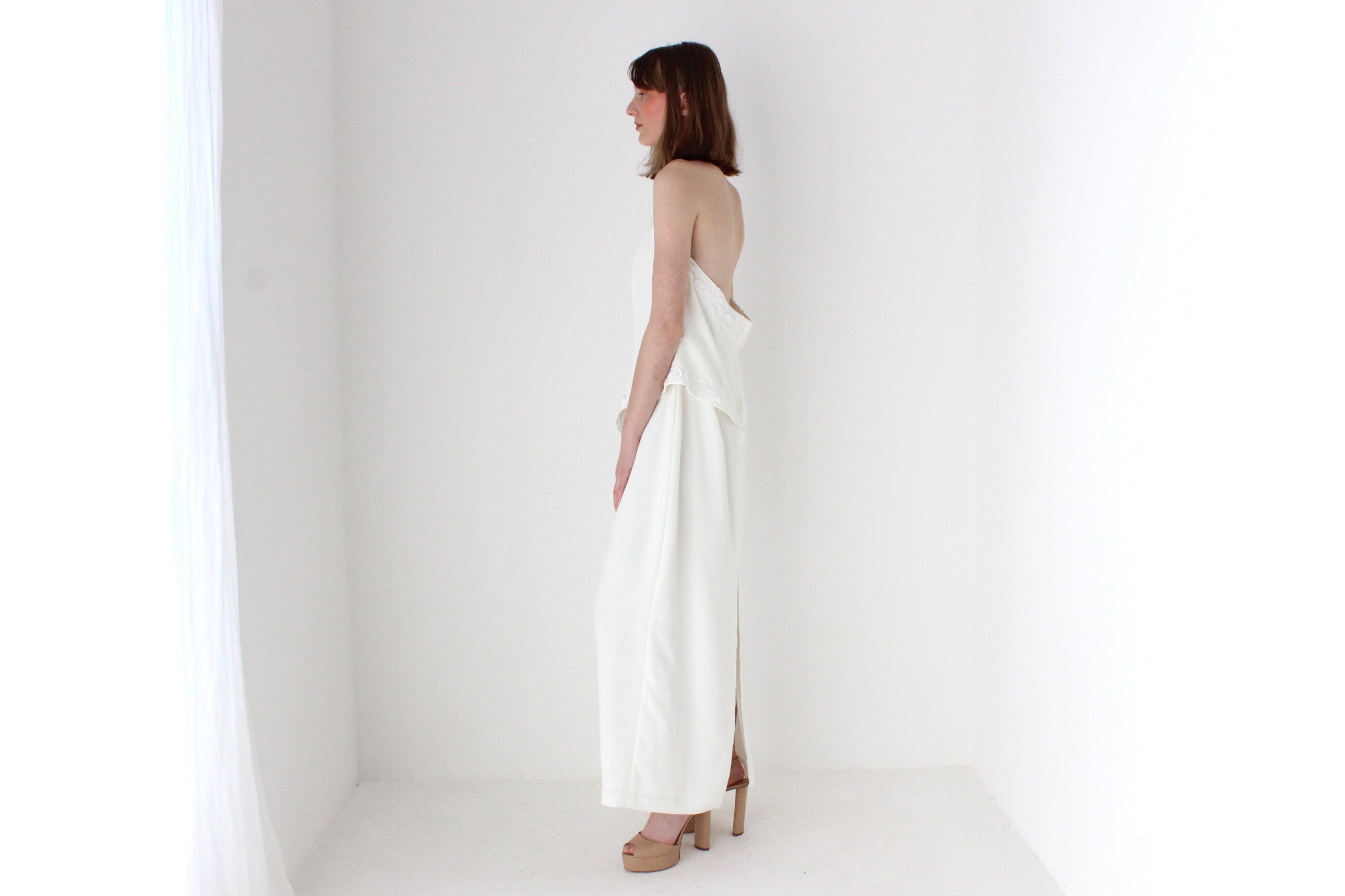 90s Crepe Halter Neck White Wedding Dress