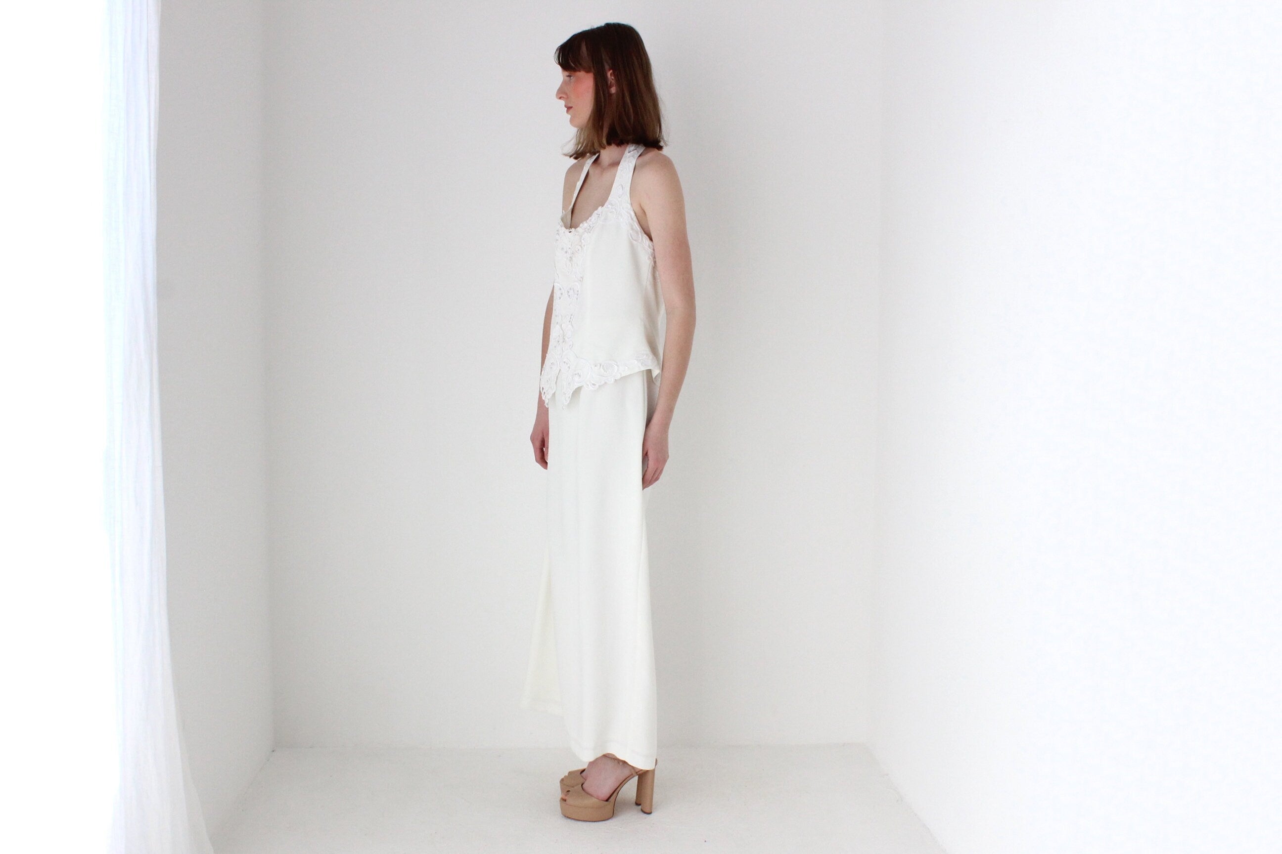 90s Crepe Halter Neck White Wedding Dress