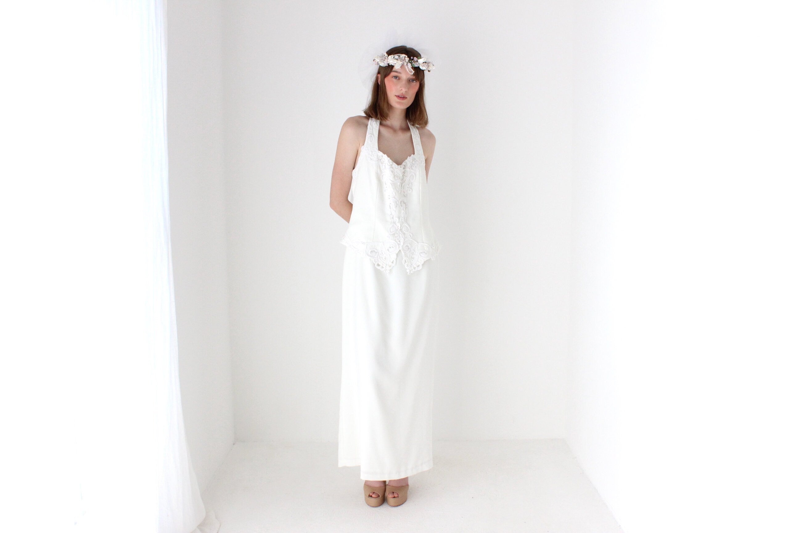 90s Crepe Halter Neck White Wedding Dress