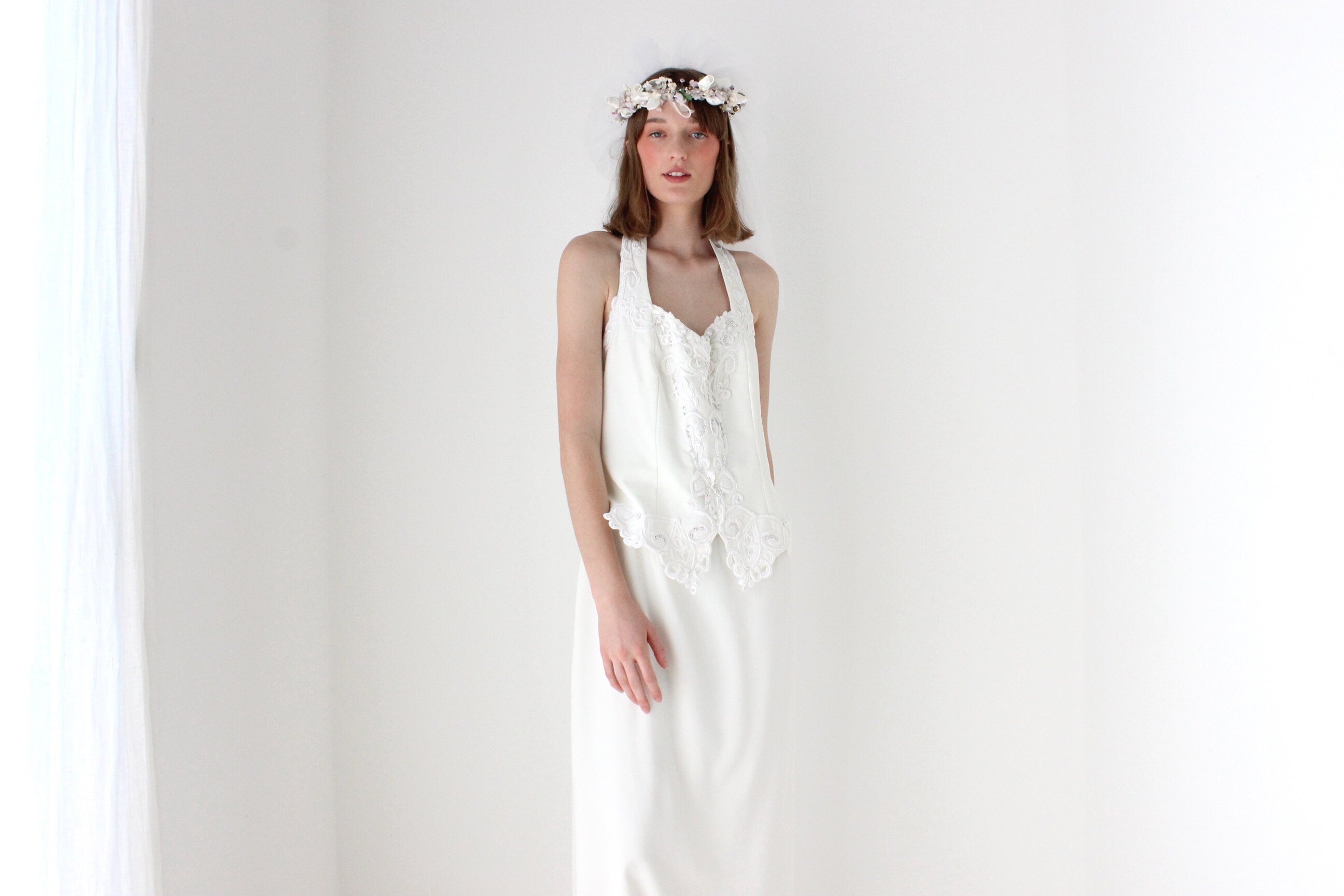 90s Crepe Halter Neck White Wedding Dress