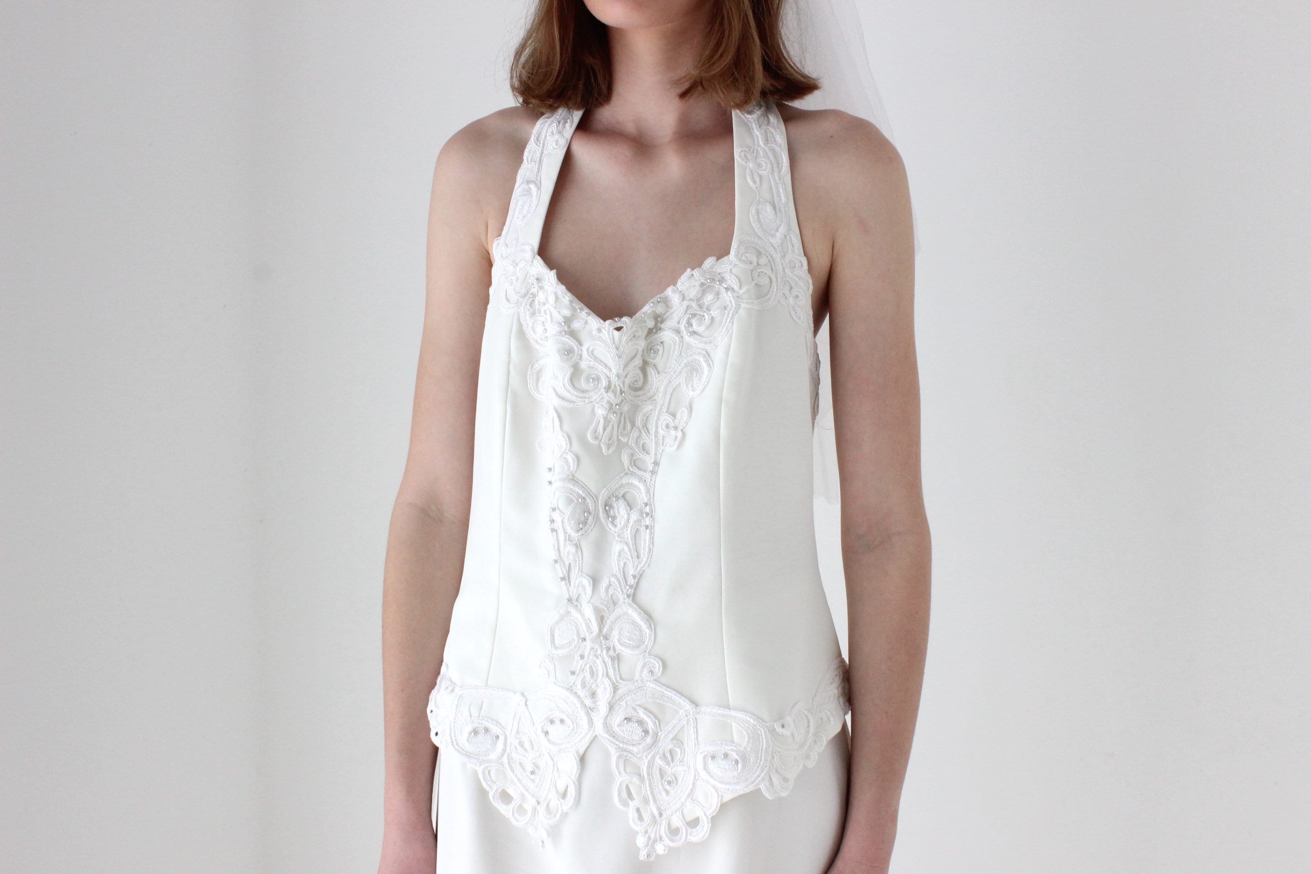 90s Crepe Halter Neck White Wedding Dress